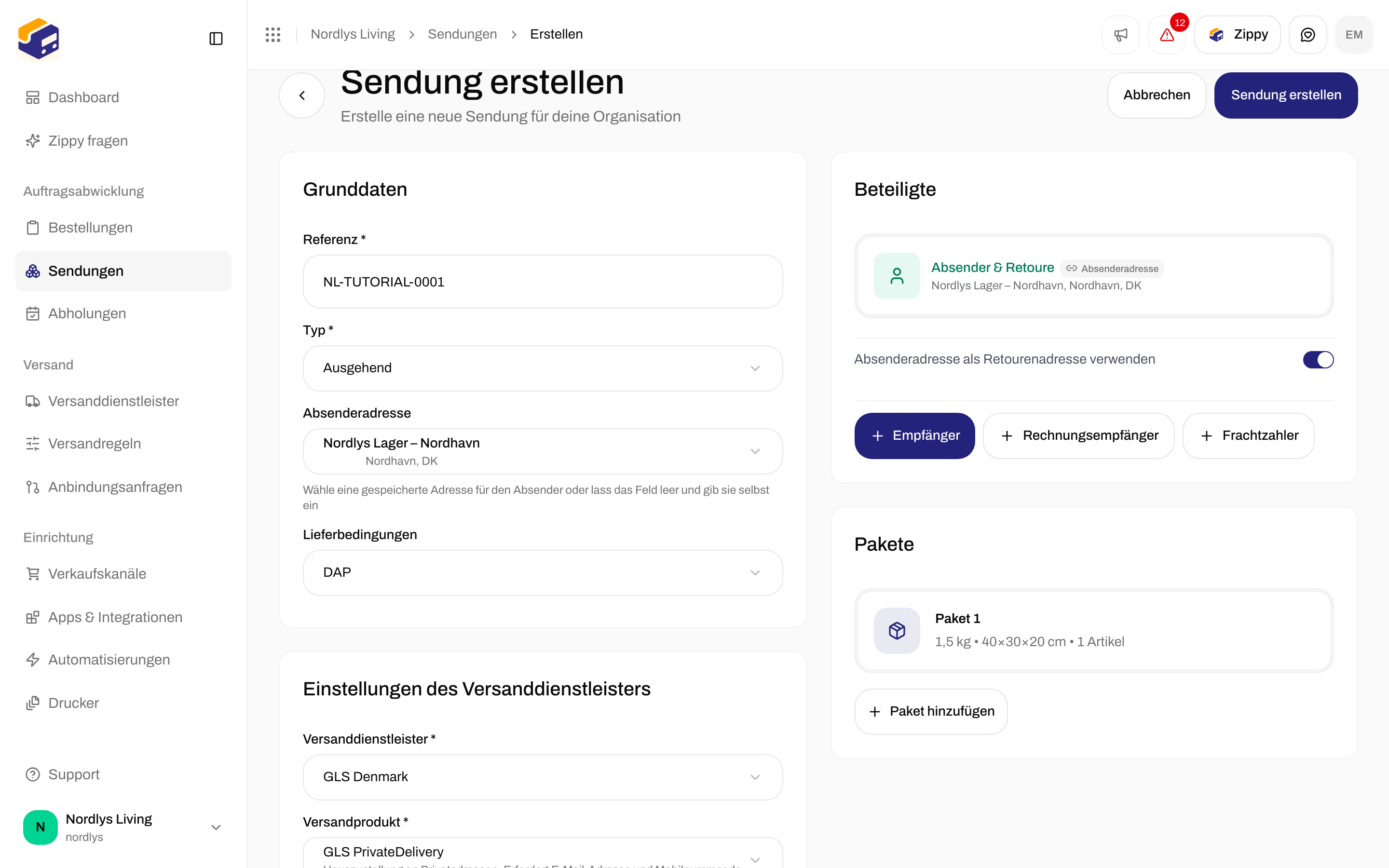 Formular Sendung erstellen, ausgefüllt mit Referenz, Absenderadresse, GLS PrivateDelivery und einem Paket