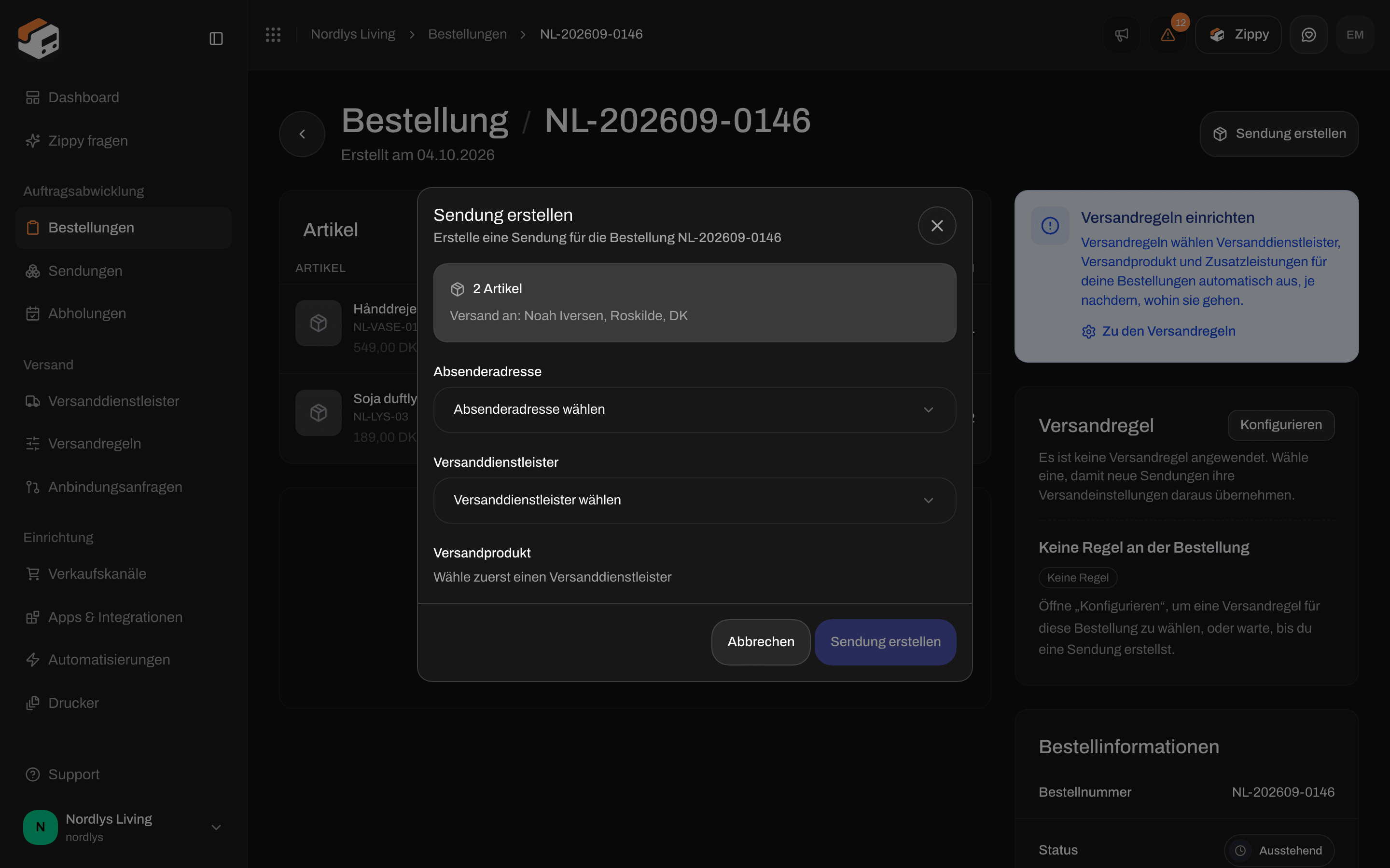 Fenster Sendung erstellen mit Artikelanzahl, Lieferadresse und den Feldern des Versanddienstleisters