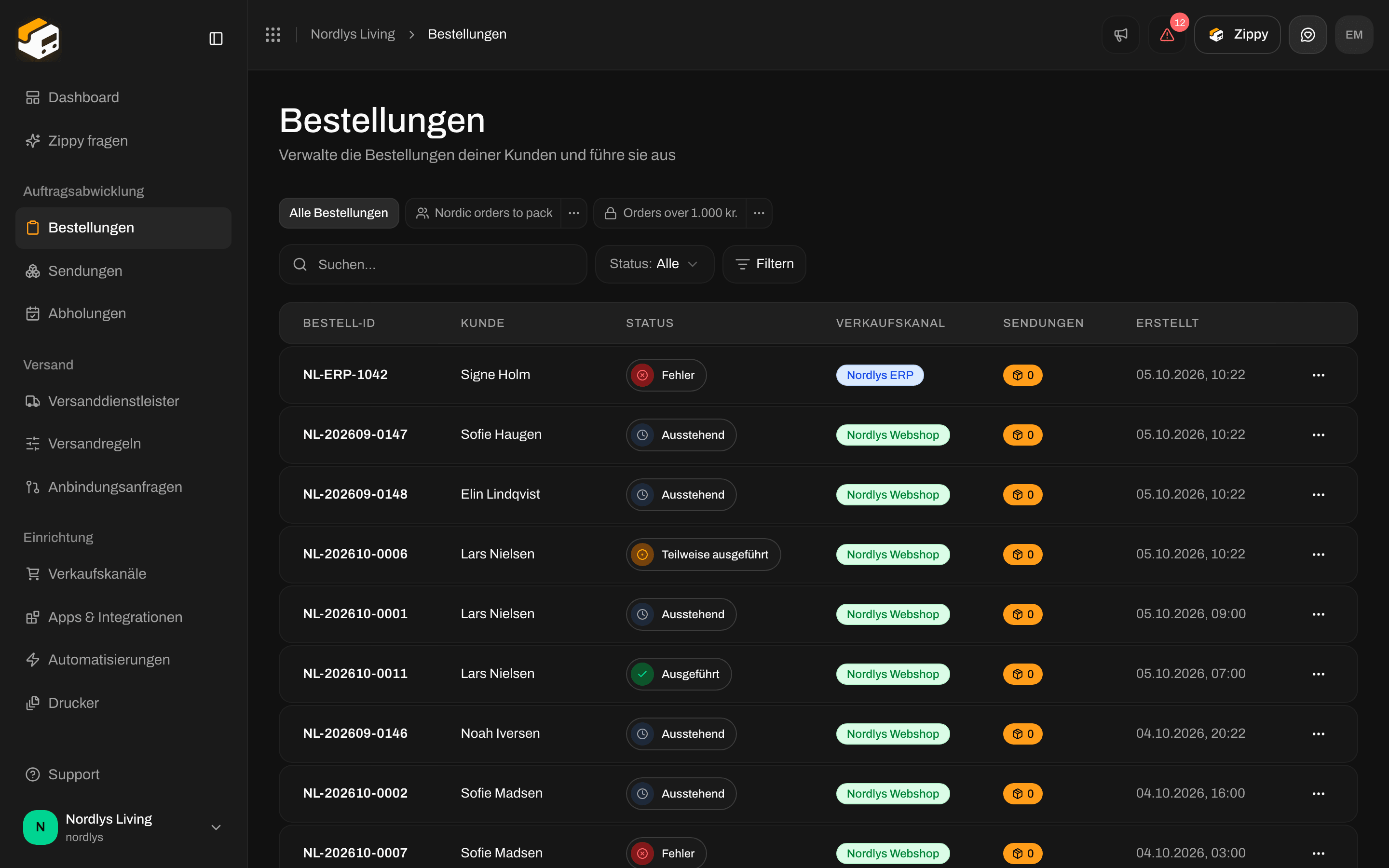 Bestellliste mit Suche, Status und Filter-Bedienelementen über der Tabelle