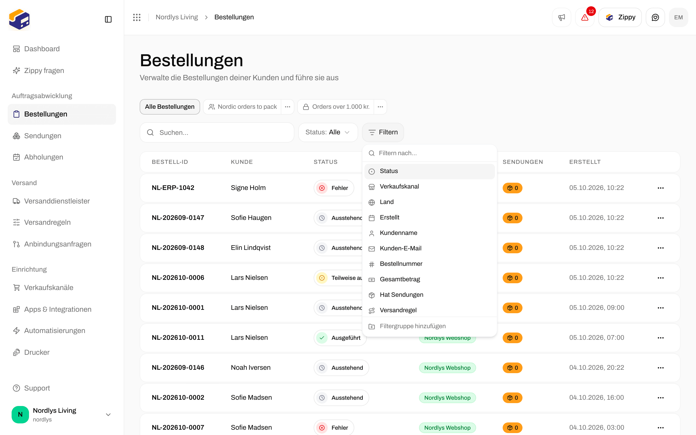 Filtermenü mit Status, Order channel, Country, Created und weiteren Feldern