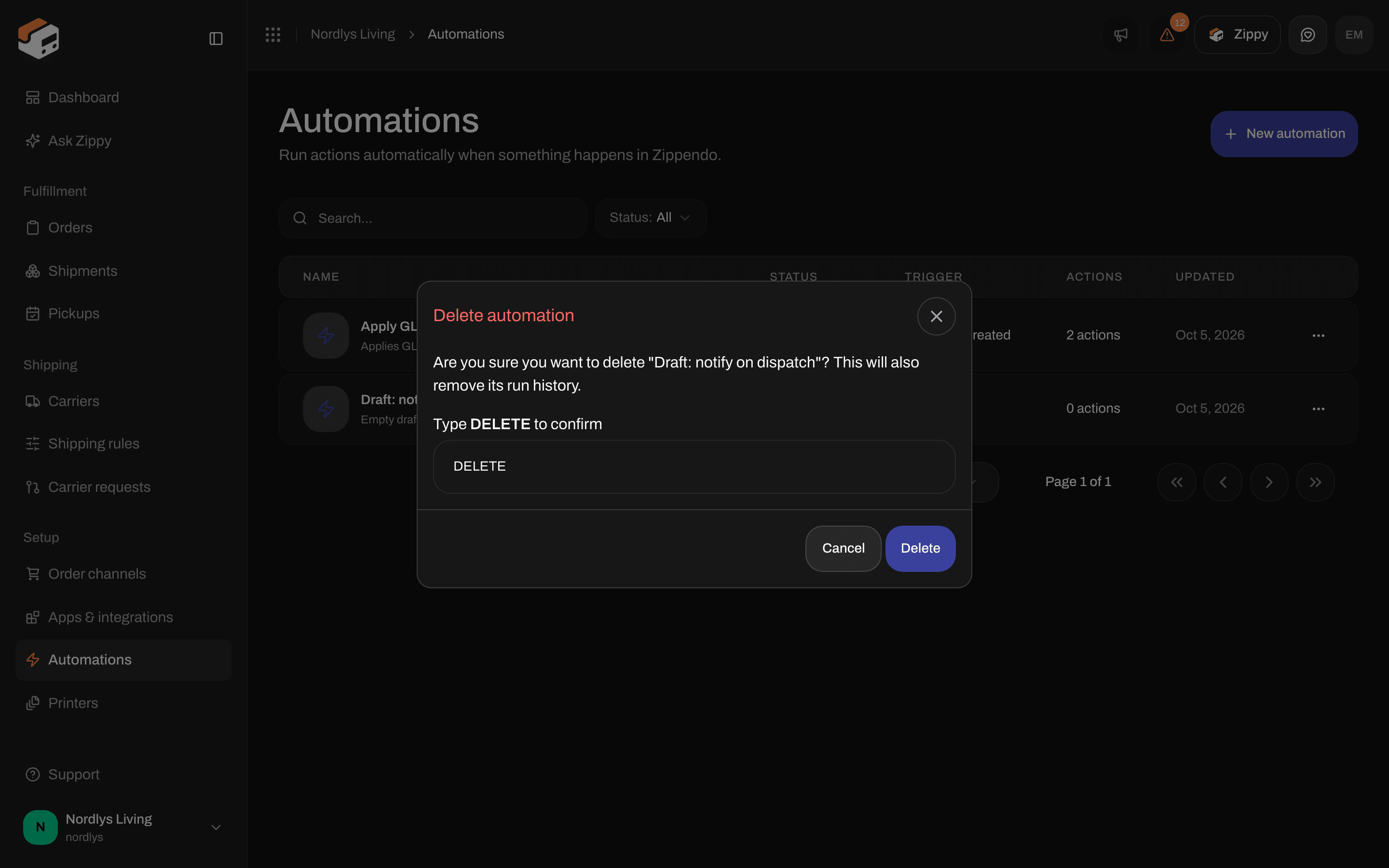 Delete automation window asking you to type DELETE to confirm
