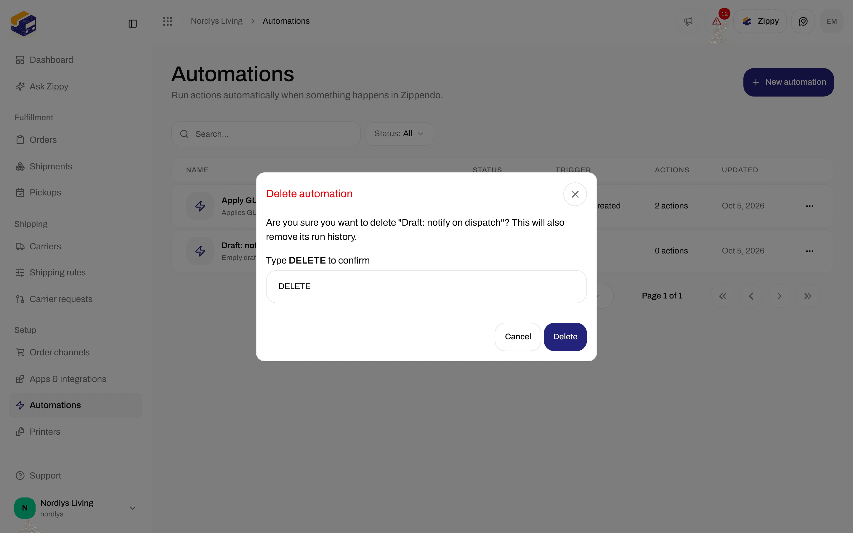 Delete automation window asking you to type DELETE to confirm