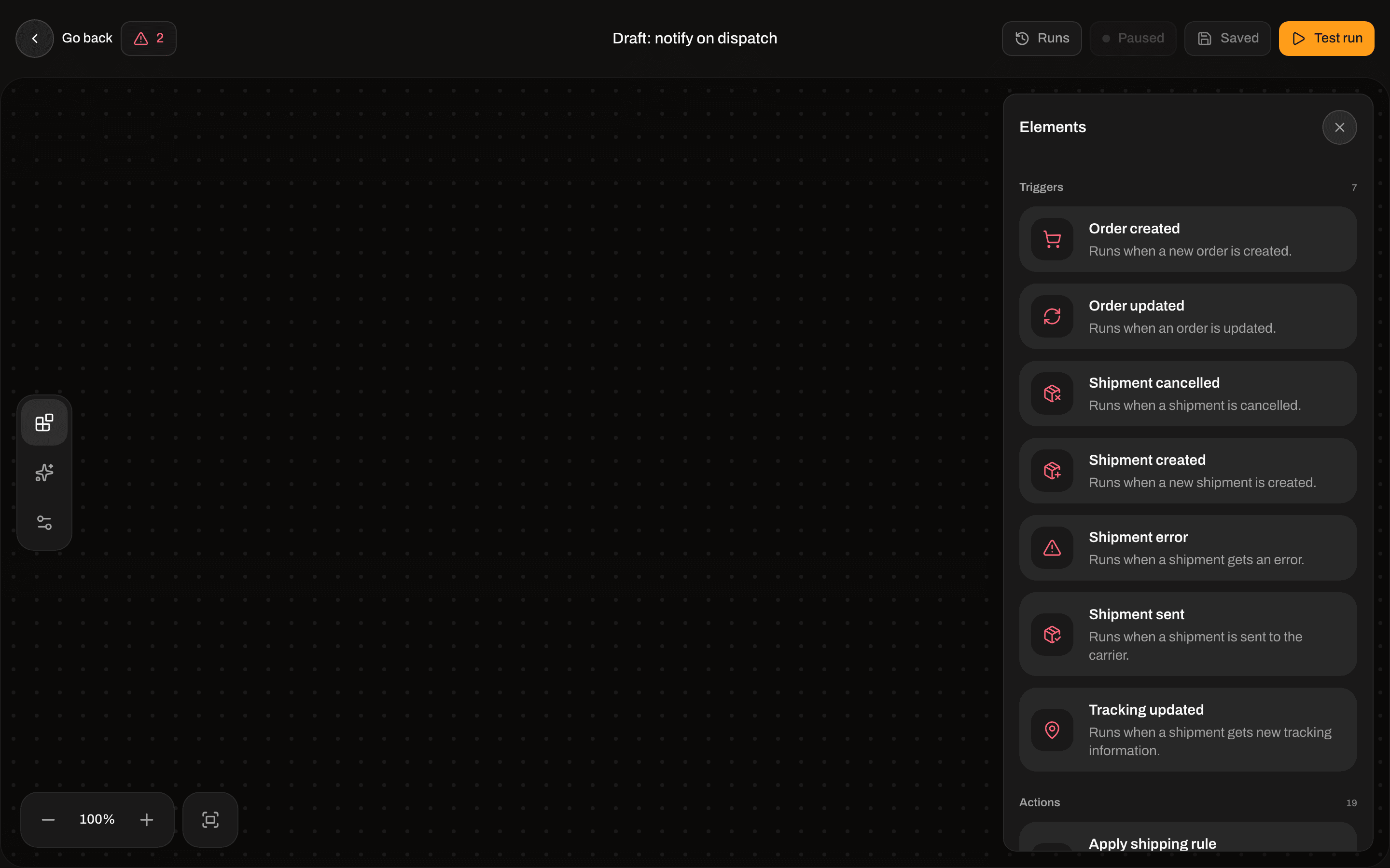 Elements panel listing triggers and actions for the automation builder