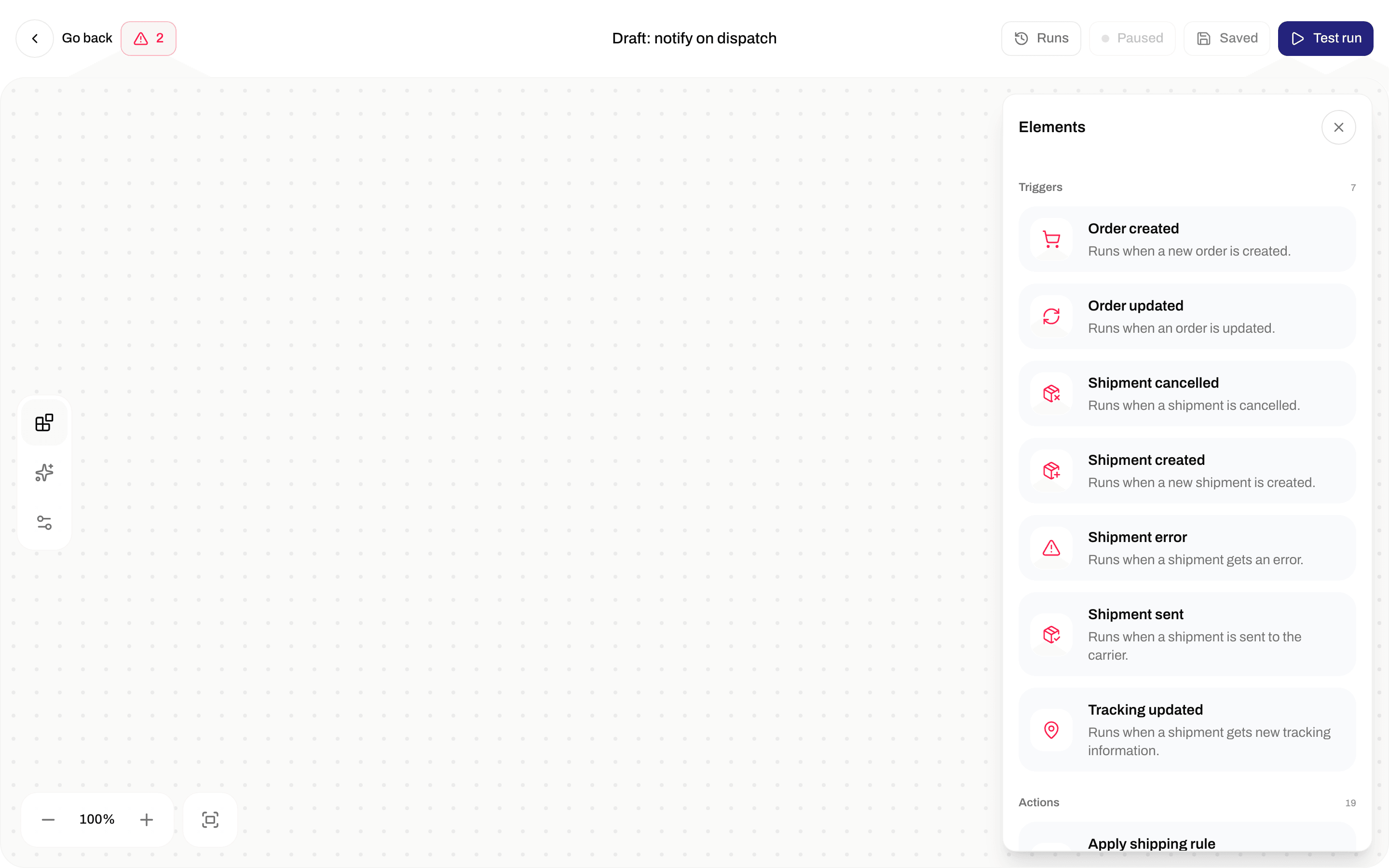 Elements panel listing triggers and actions for the automation builder
