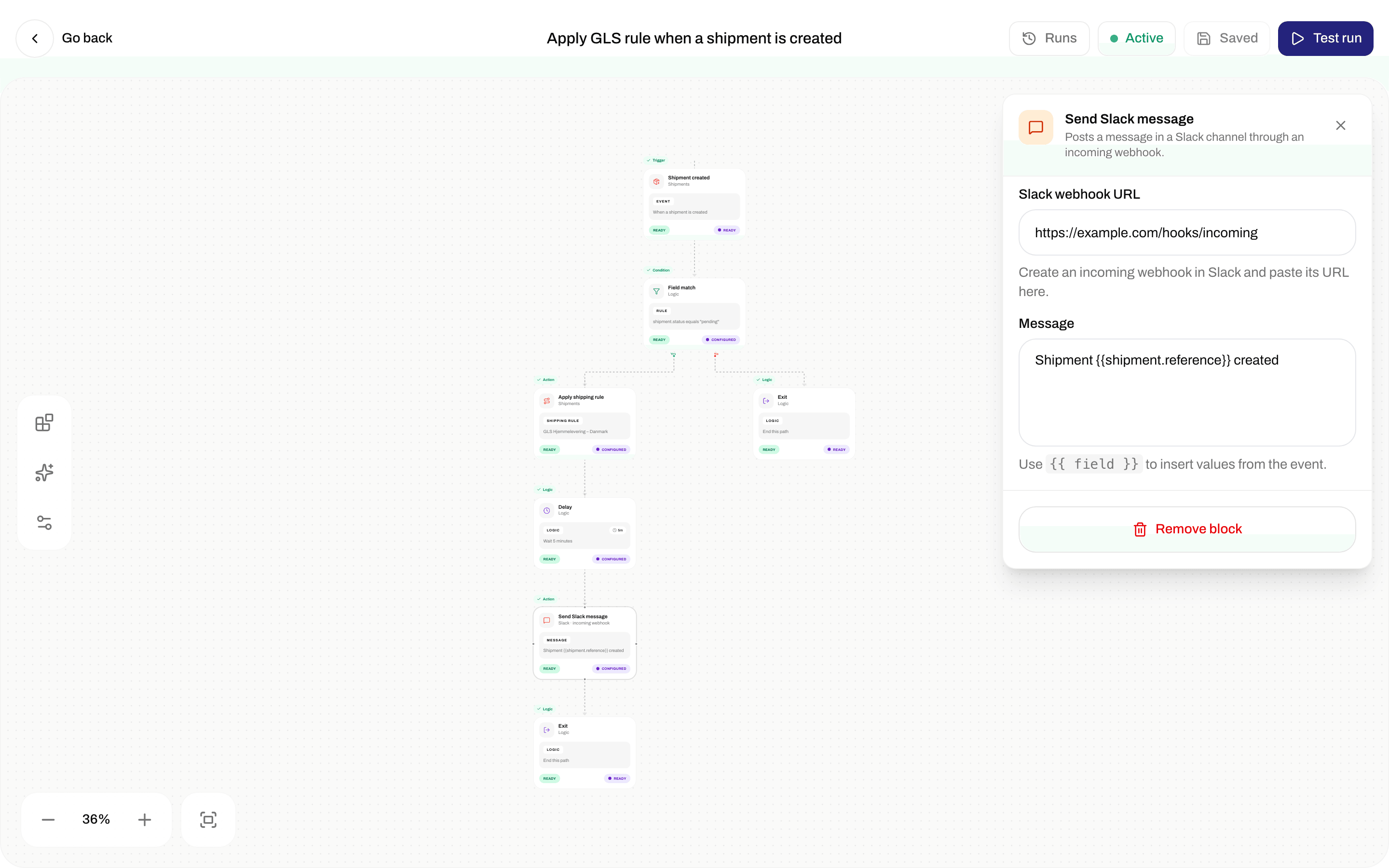 Send Slack message settings with Slack webhook URL and Message