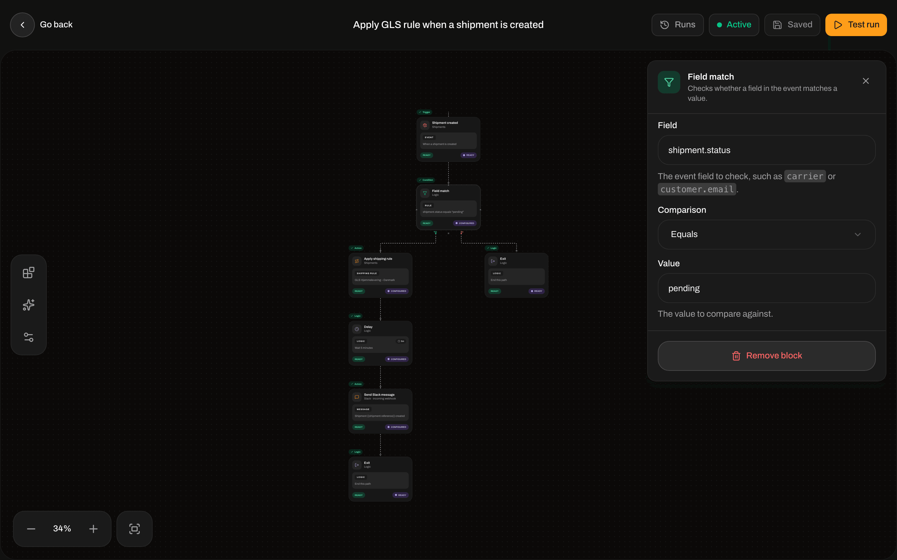 Field match settings with Field, Comparison set to Equals, and Value