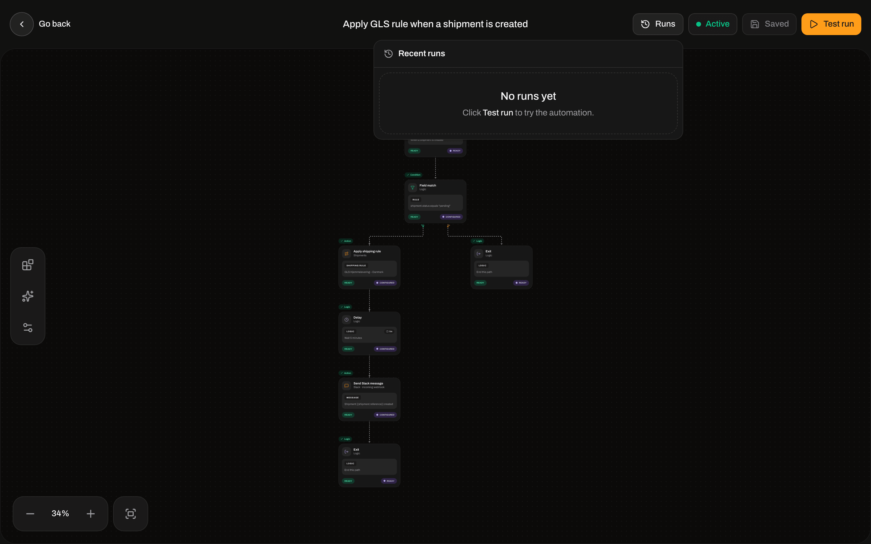 Recent runs showing No runs yet and a hint to click Test run