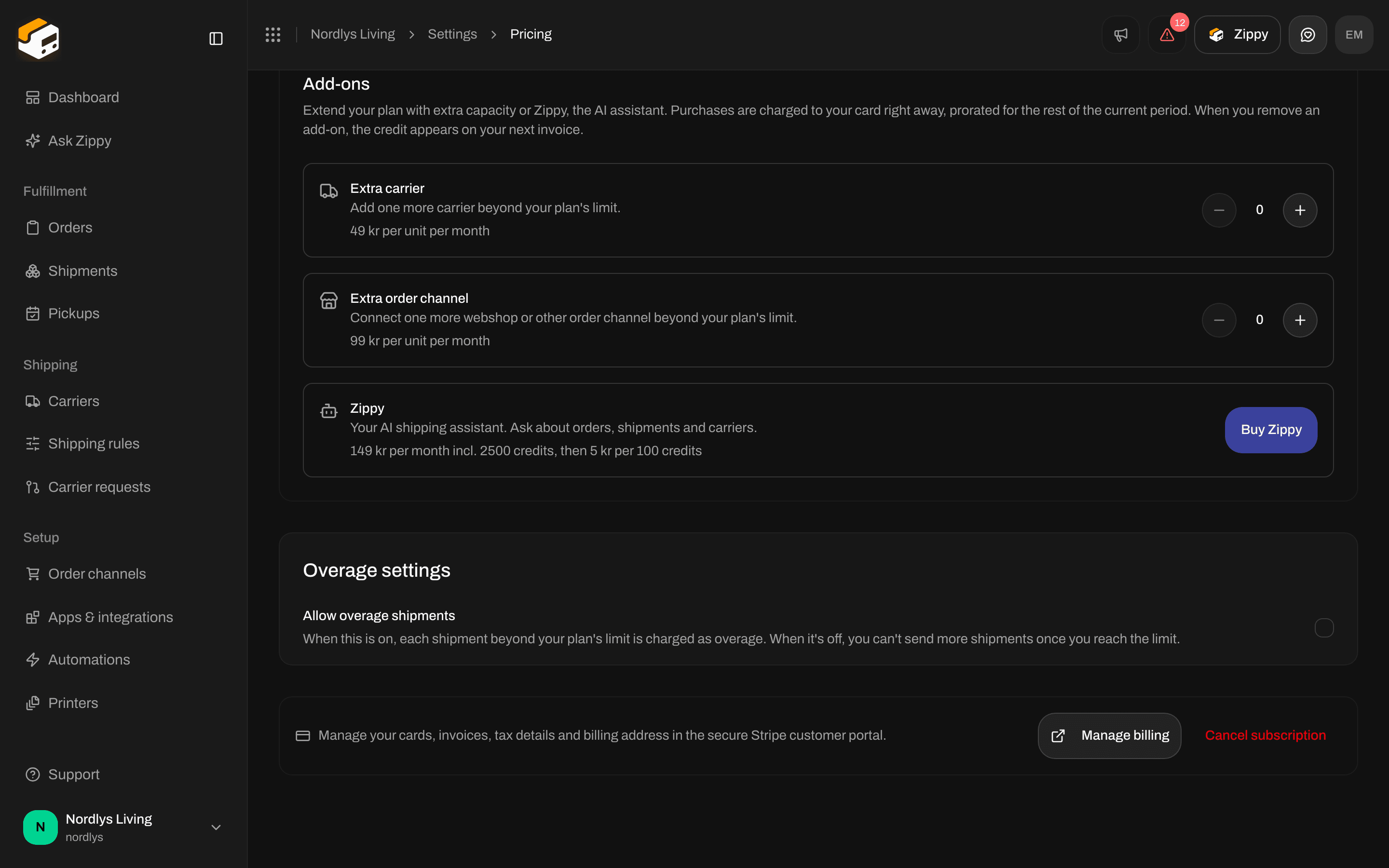 Overage settings with Allow overage shipments and Manage billing