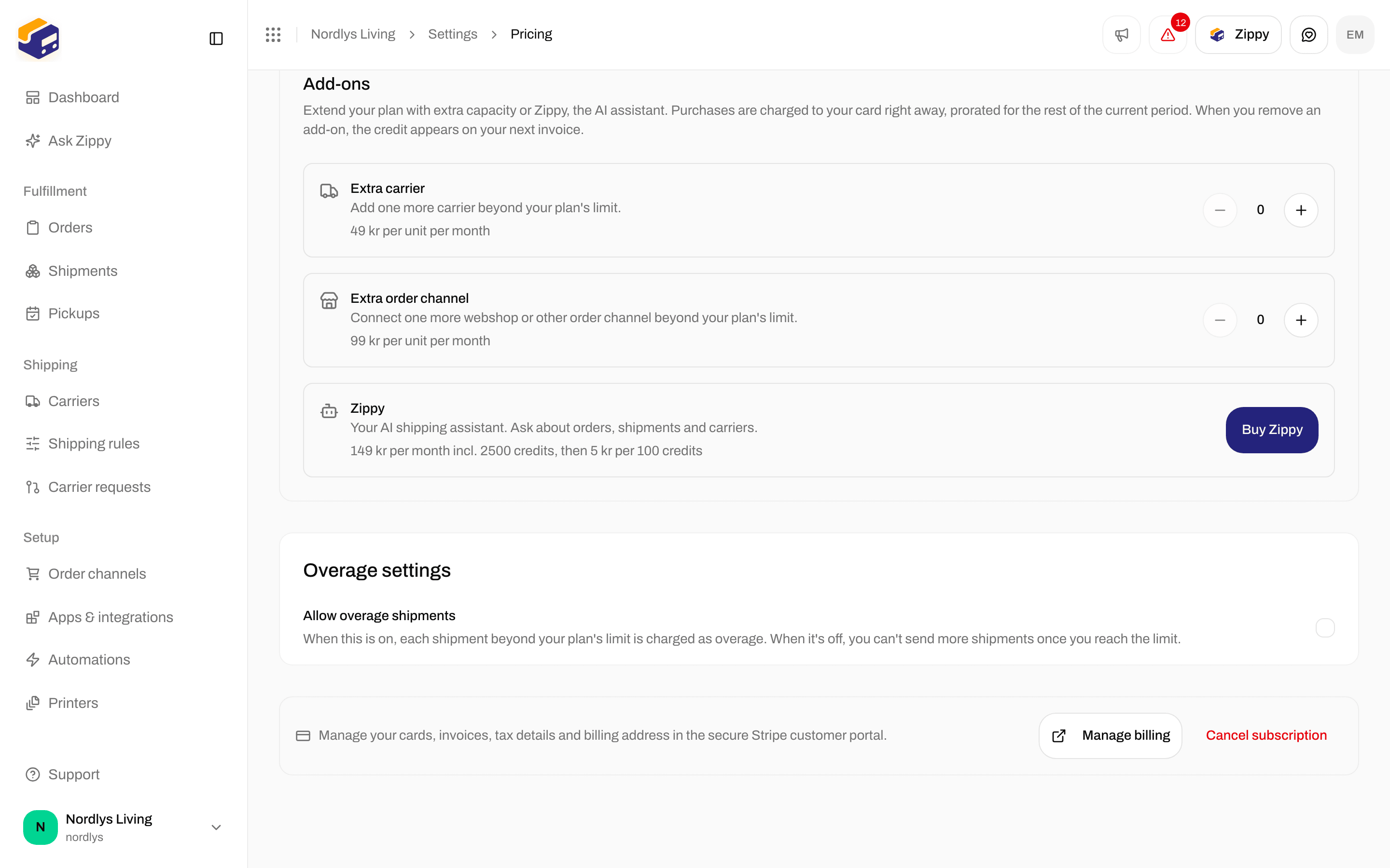 Overage settings with Allow overage shipments and Manage billing