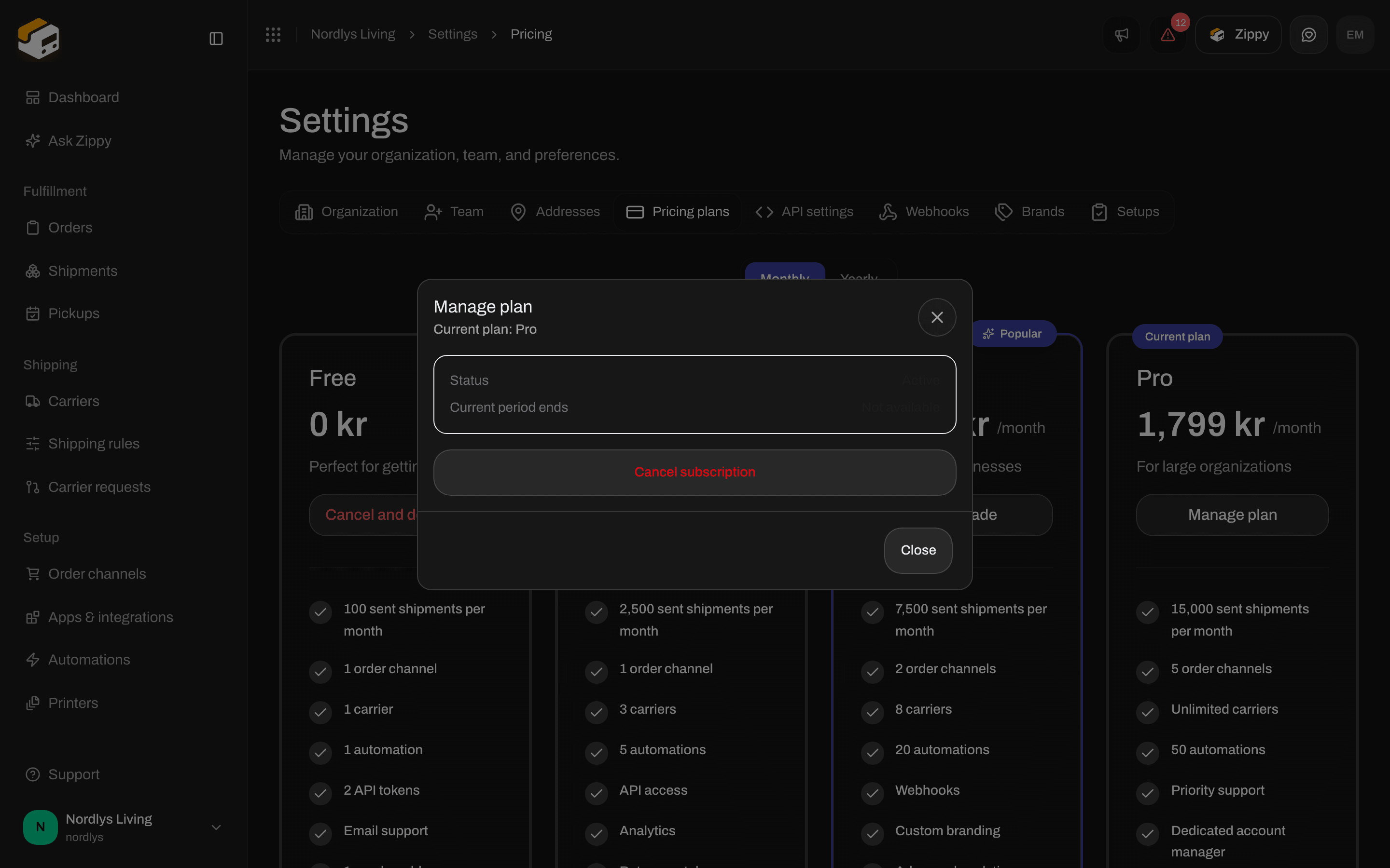 Manage plan window with current plan, status, and Cancel subscription