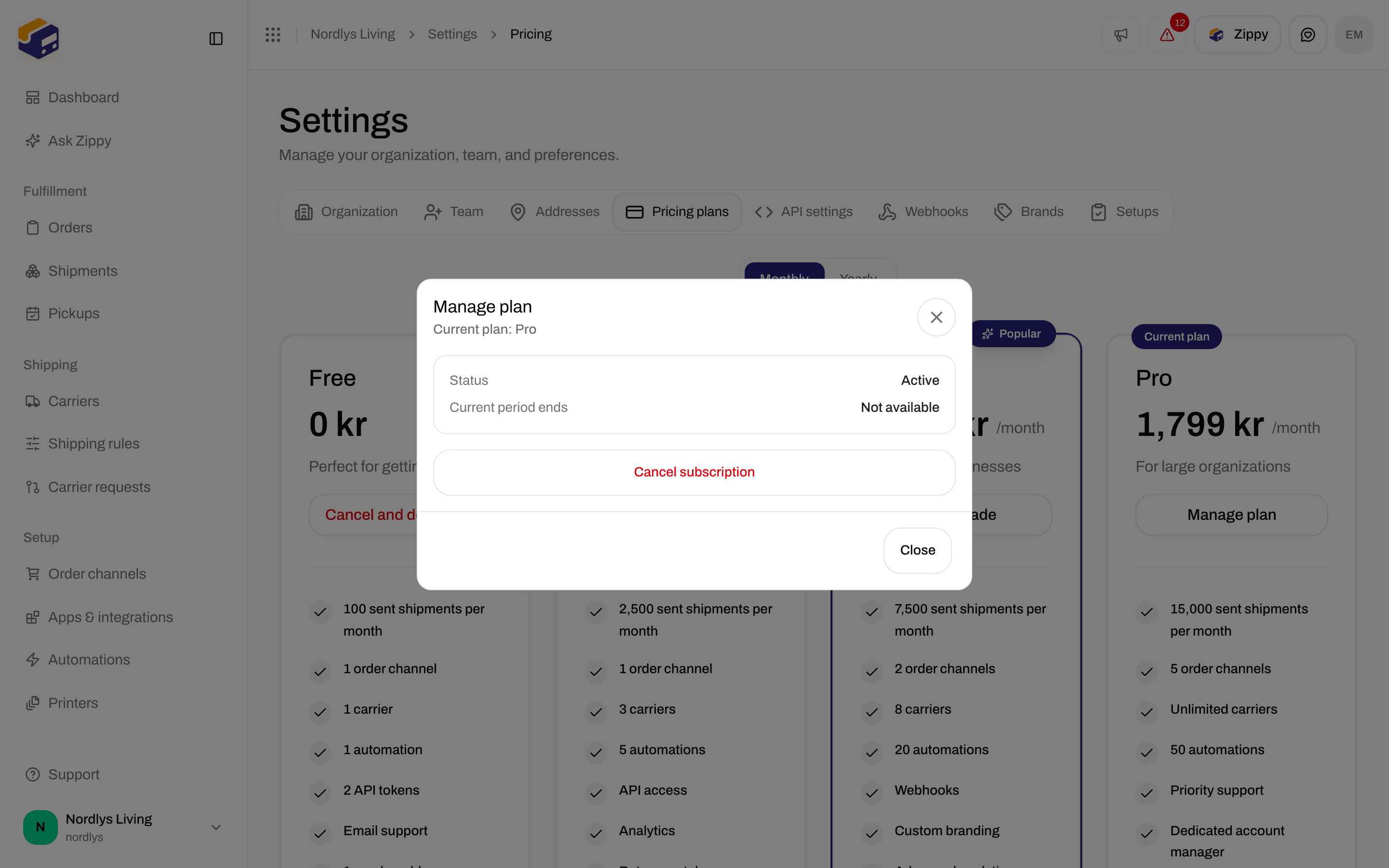Manage plan window with current plan, status, and Cancel subscription