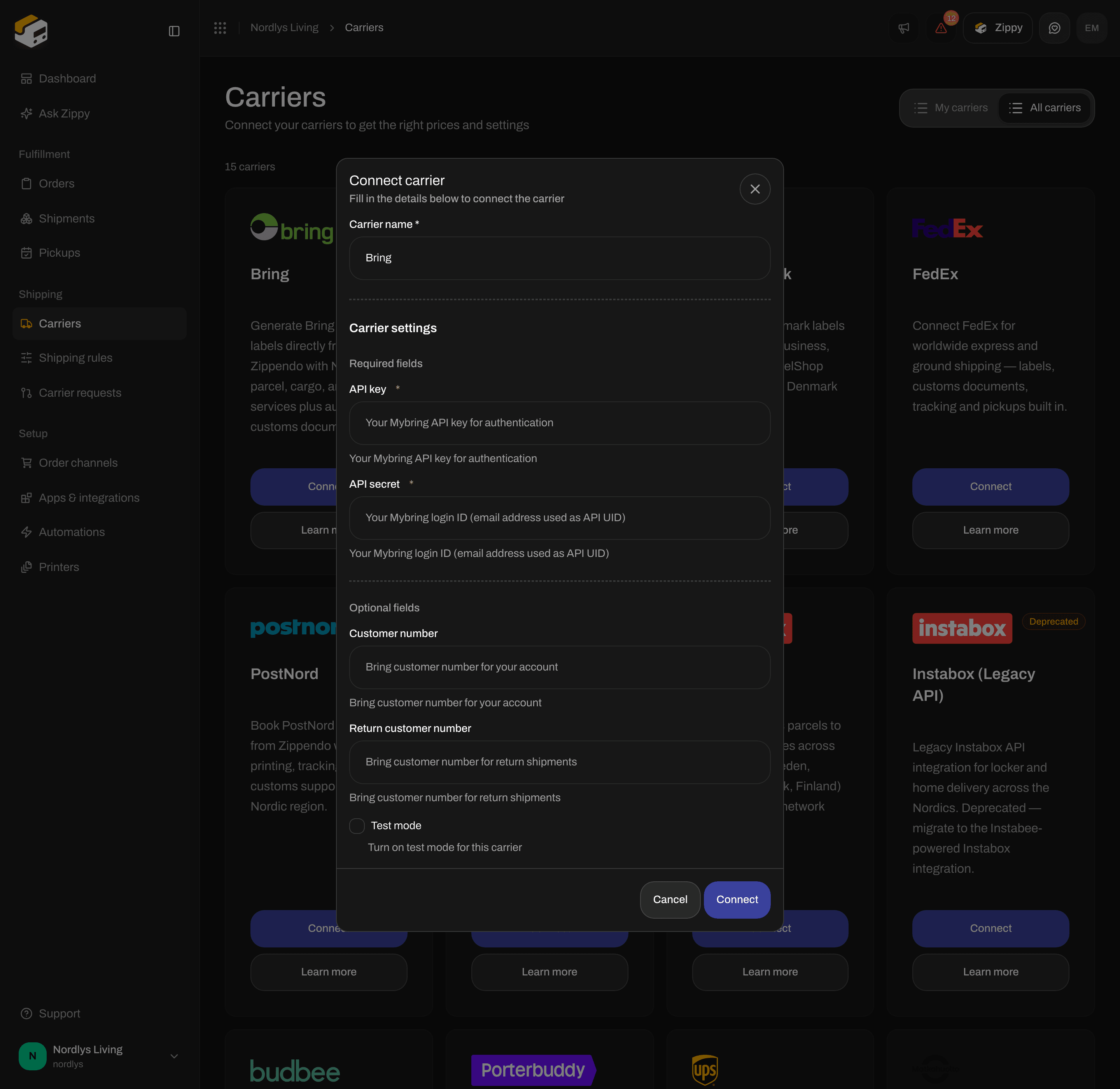 Connect carrier window with Carrier name Bring and the required API key and API secret fields