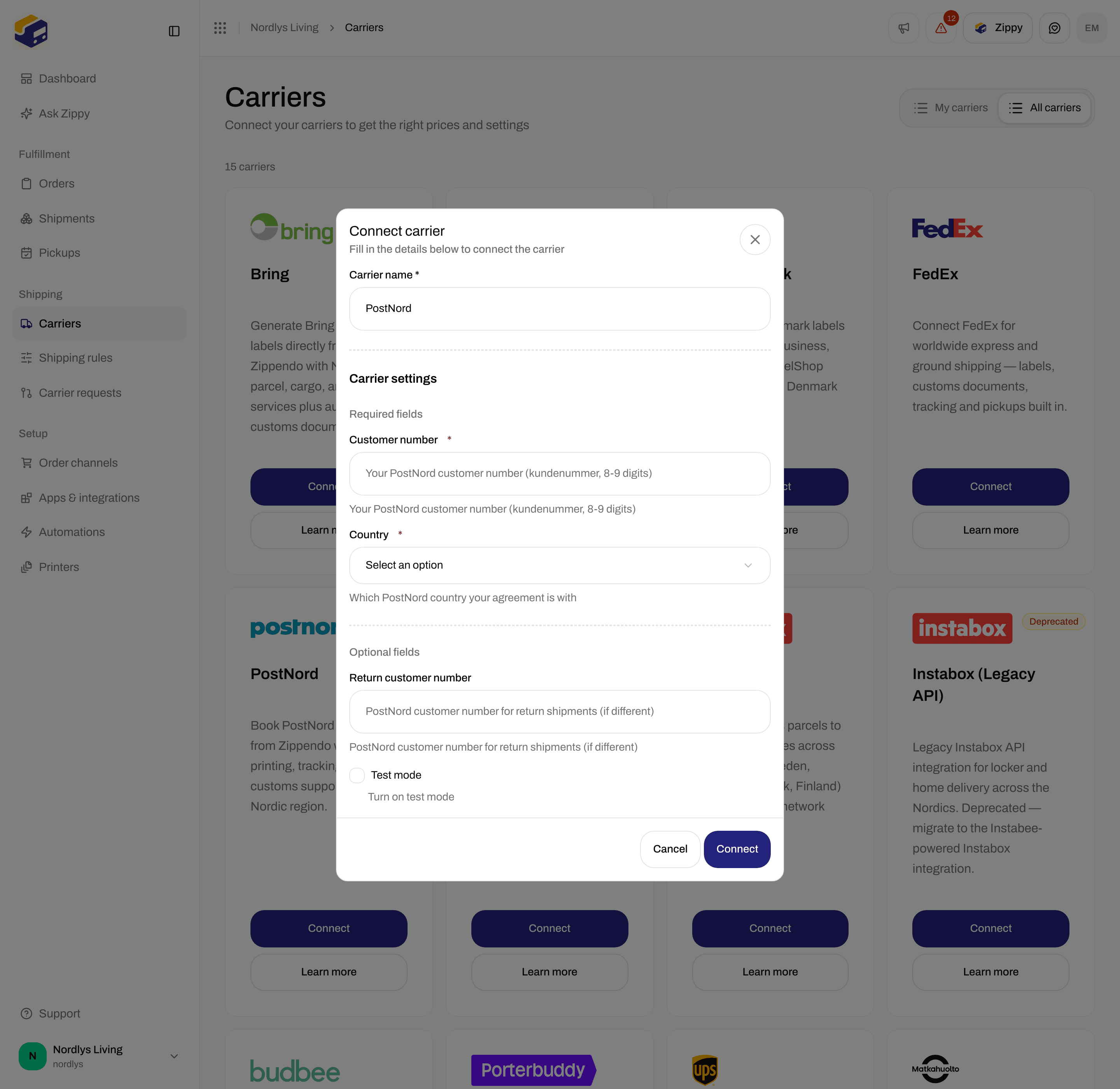 Connect carrier for PostNord with Customer number and the Country list