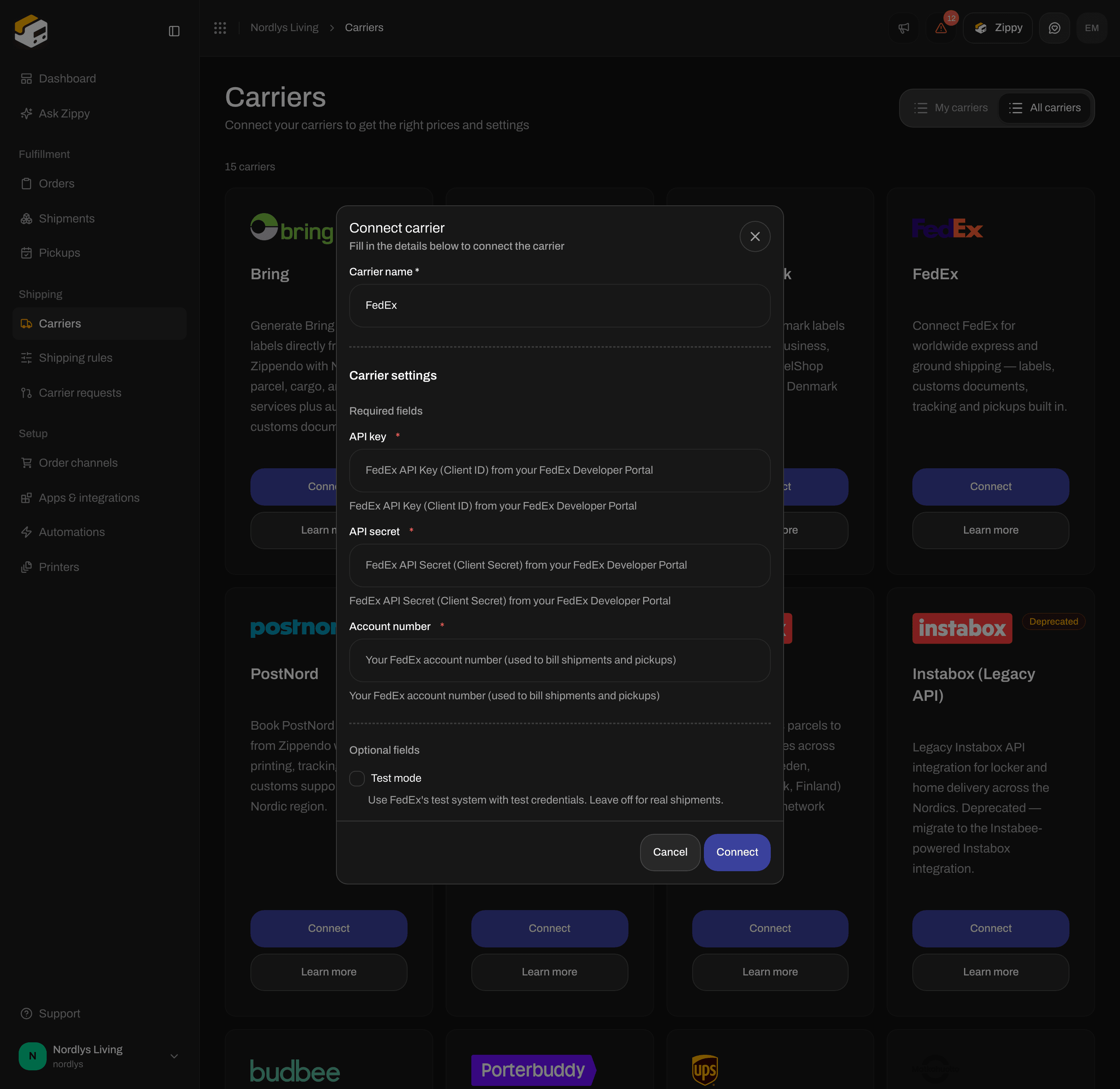 Connect carrier for FedEx with API key, API secret and Account number