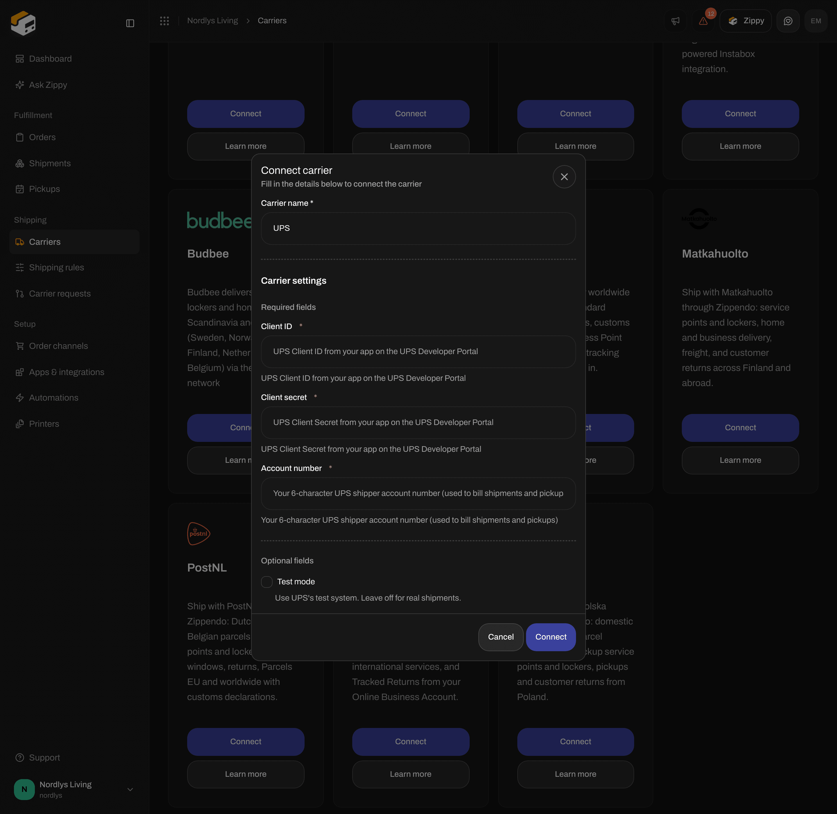 Connect carrier for UPS with Client ID, Client secret and Account number