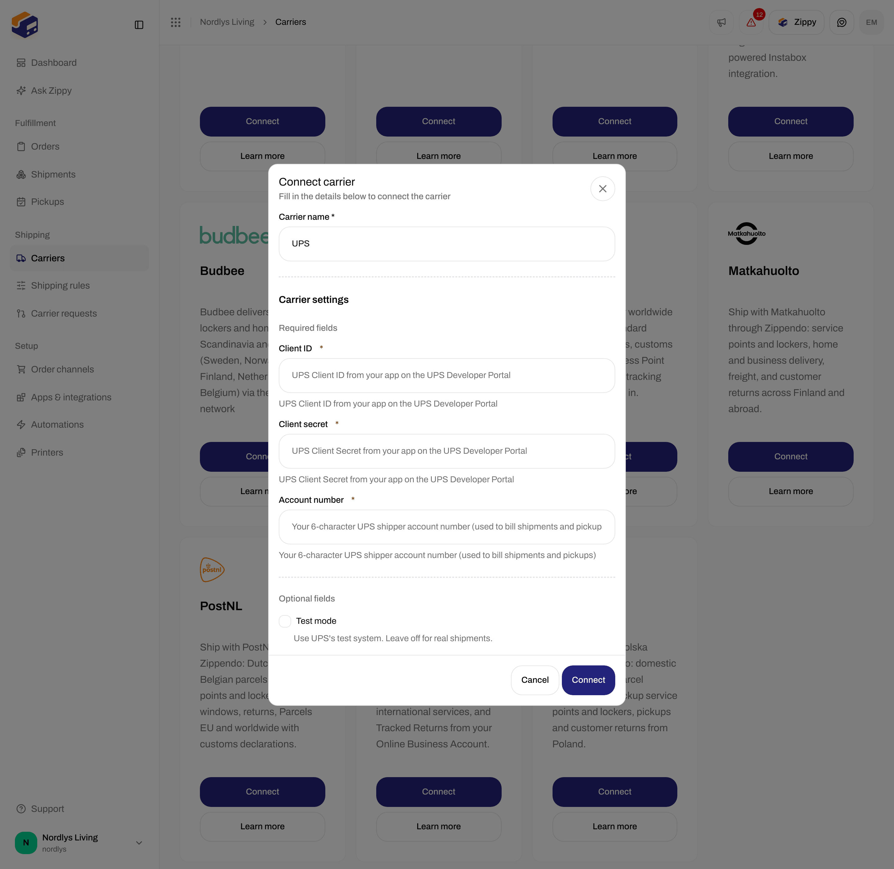 Connect carrier for UPS with Client ID, Client secret and Account number