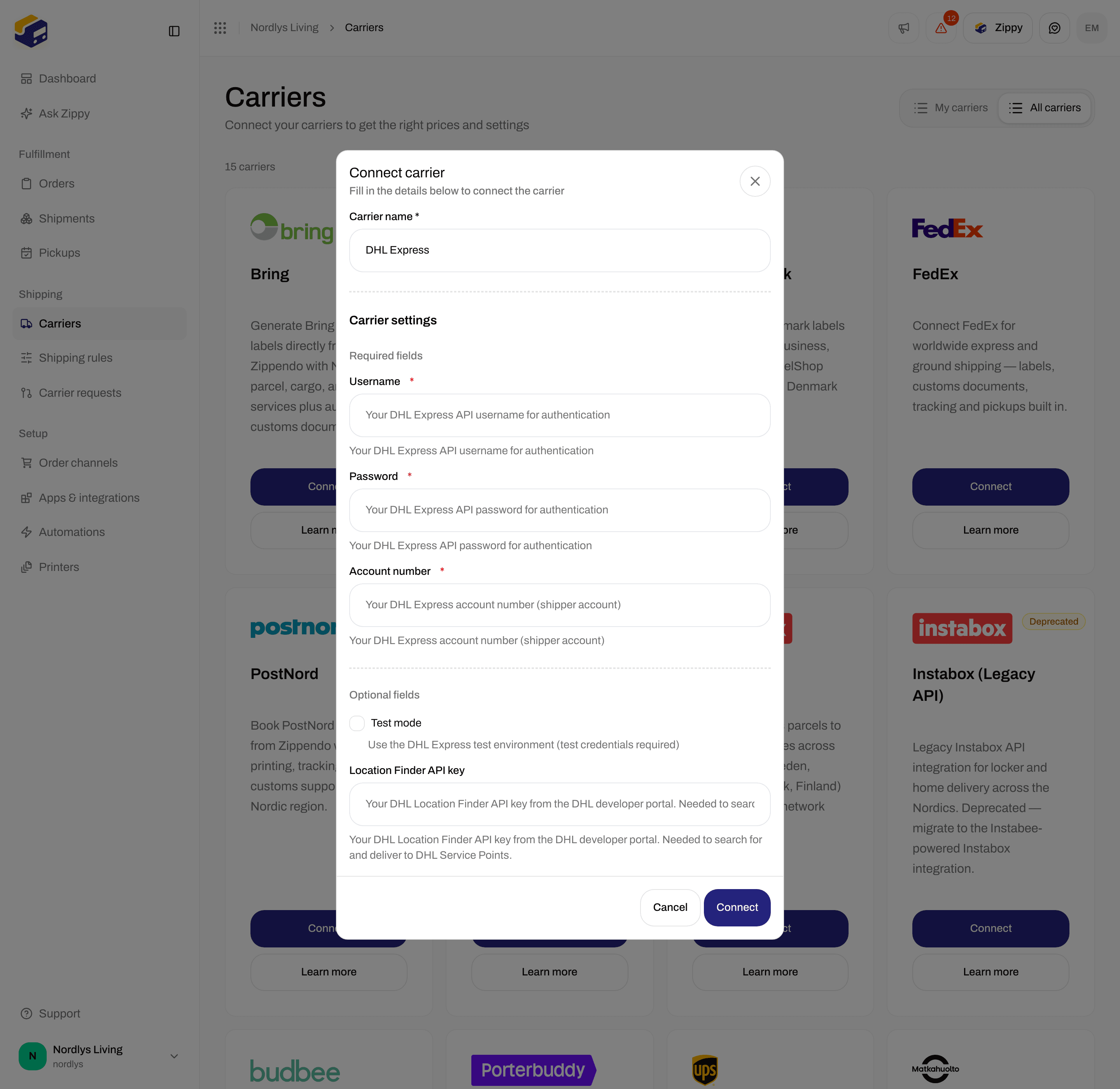 DHL Express connect form scrolled to Test mode and Location Finder API key