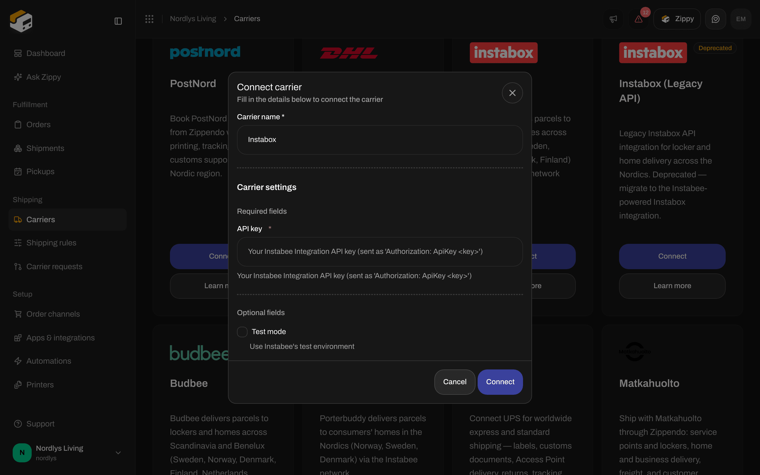 Connect carrier for Instabox with API key and Test mode