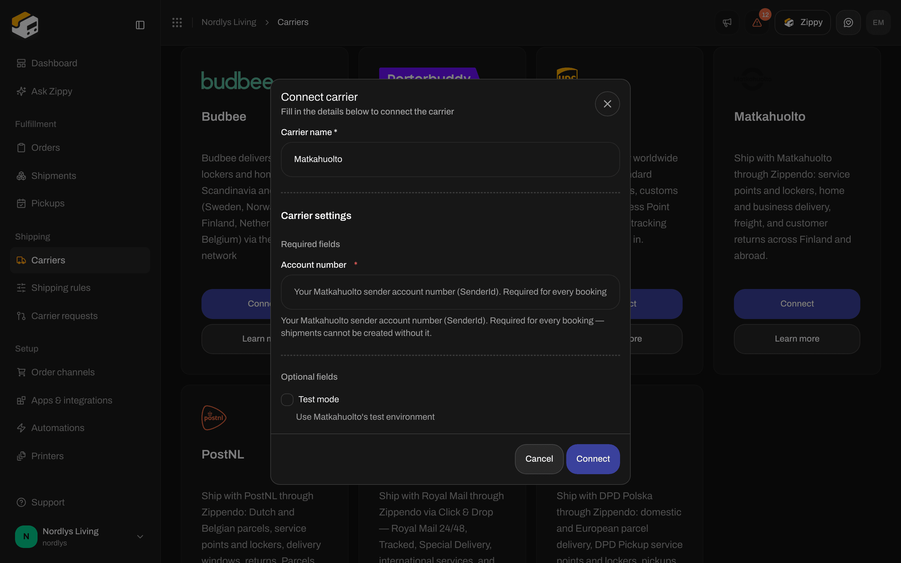 Connect carrier for Matkahuolto with the required Account number