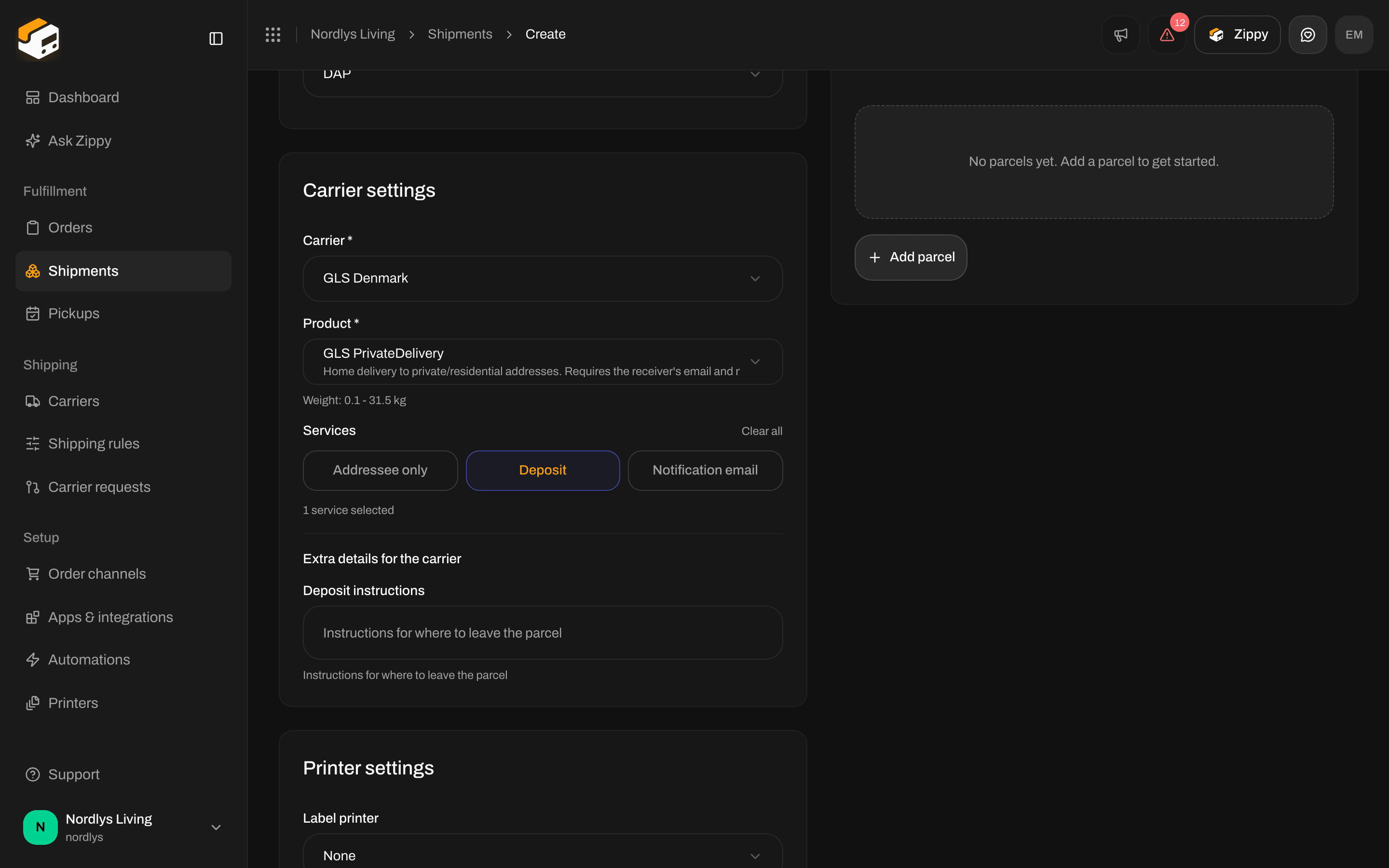 Extra details for the carrier with the Deposit instructions field after Deposit is turned on