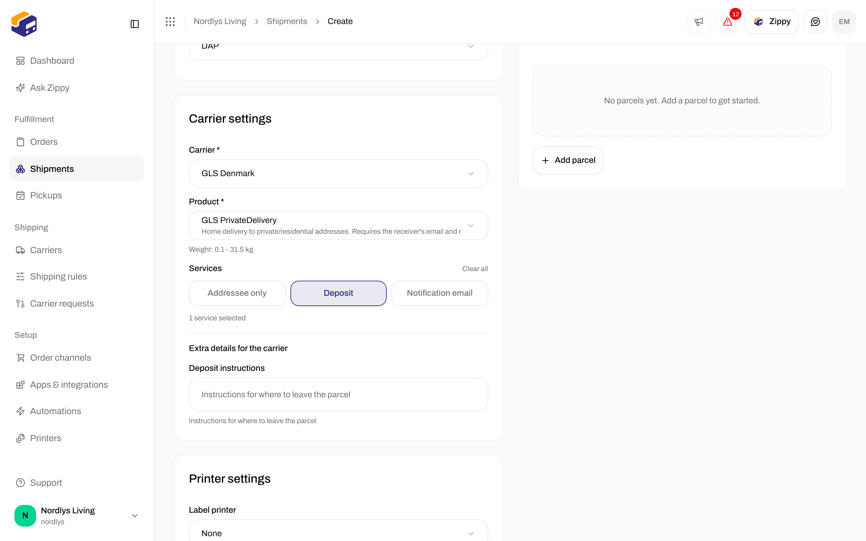 Extra details for the carrier with the Deposit instructions field after Deposit is turned on