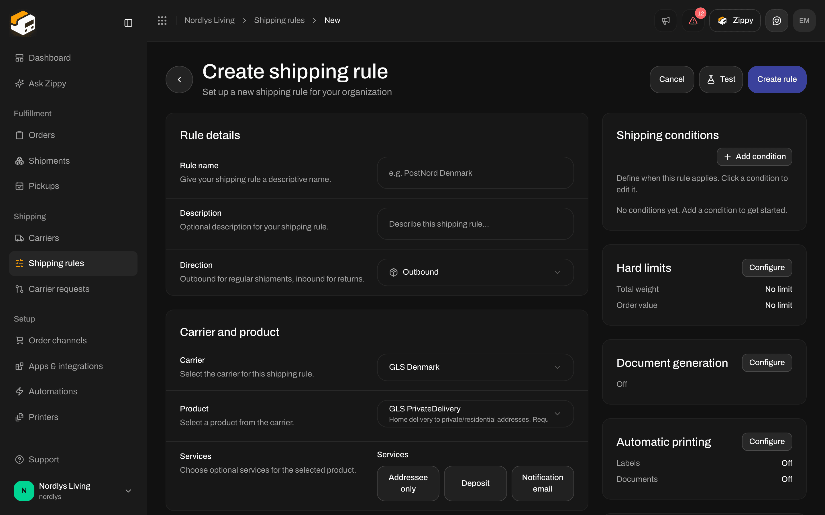 Create shipping rule form showing the Carrier, Product and Services fields