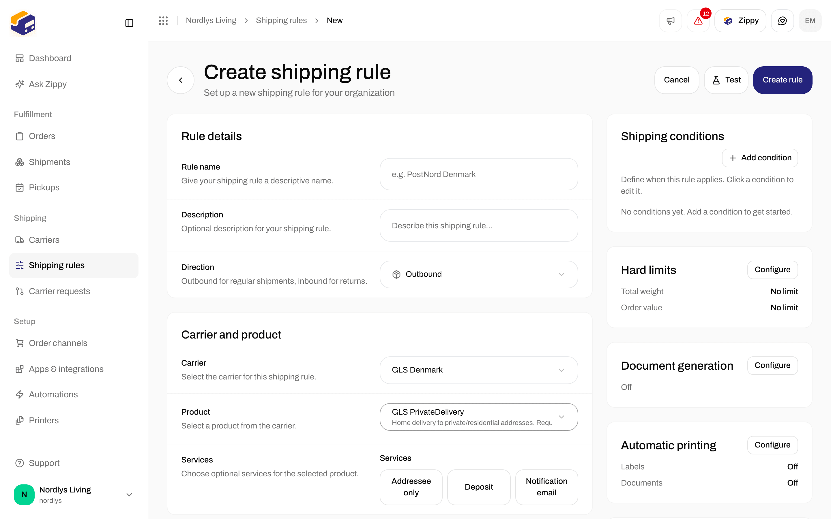 Create shipping rule form showing the Carrier, Product and Services fields