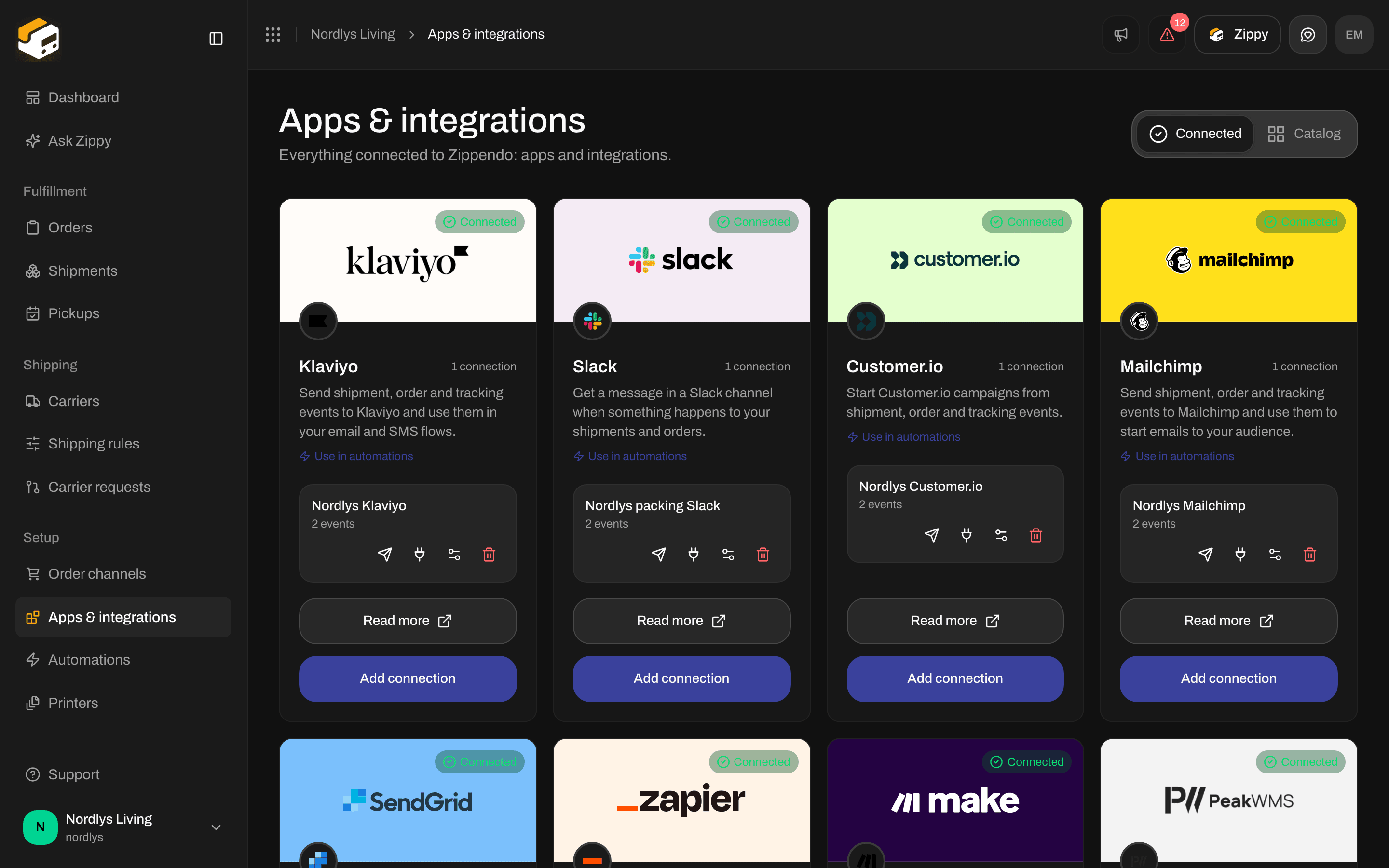 Connected tab with a Slack card showing one connection and four icons