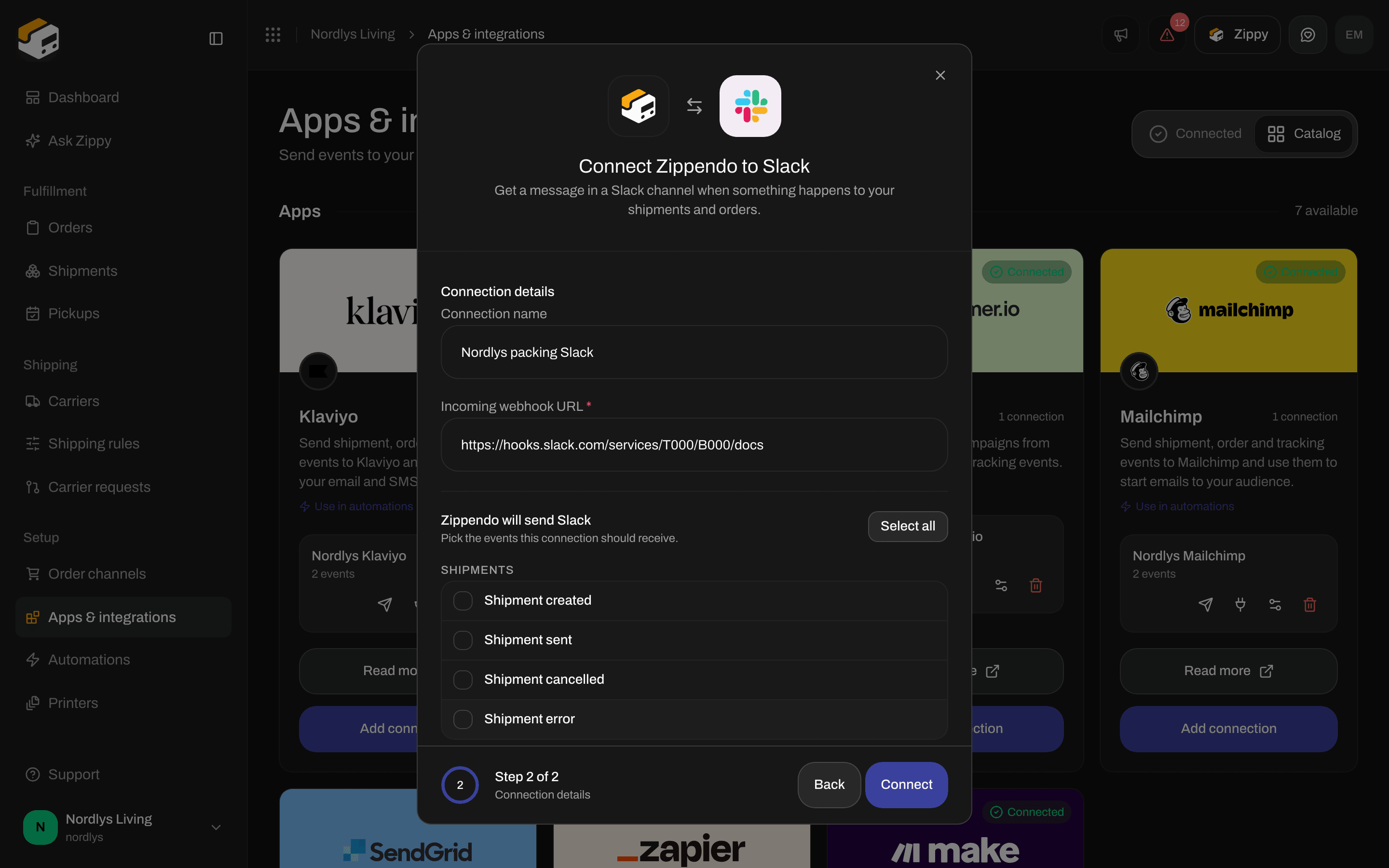 Connection window for Slack with a connection name, the Incoming webhook URL and event checkboxes