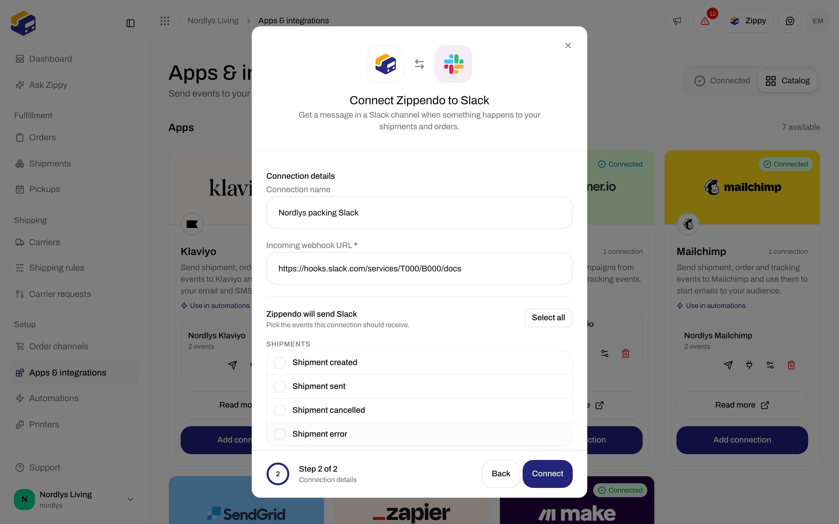 Connection window for Slack with a connection name, the Incoming webhook URL and event checkboxes