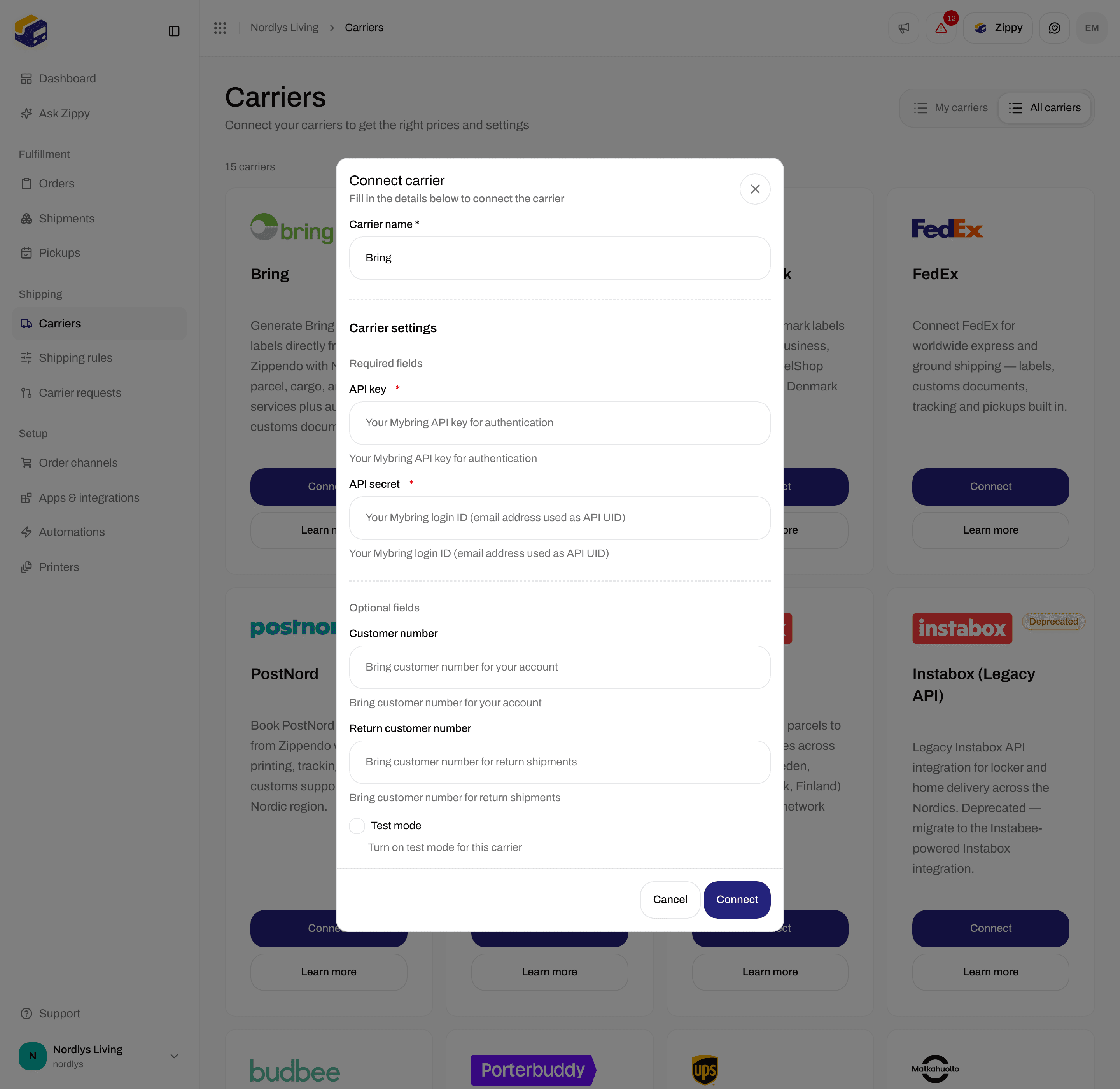 Connect carrier window for Bring with the required API key and API secret fields