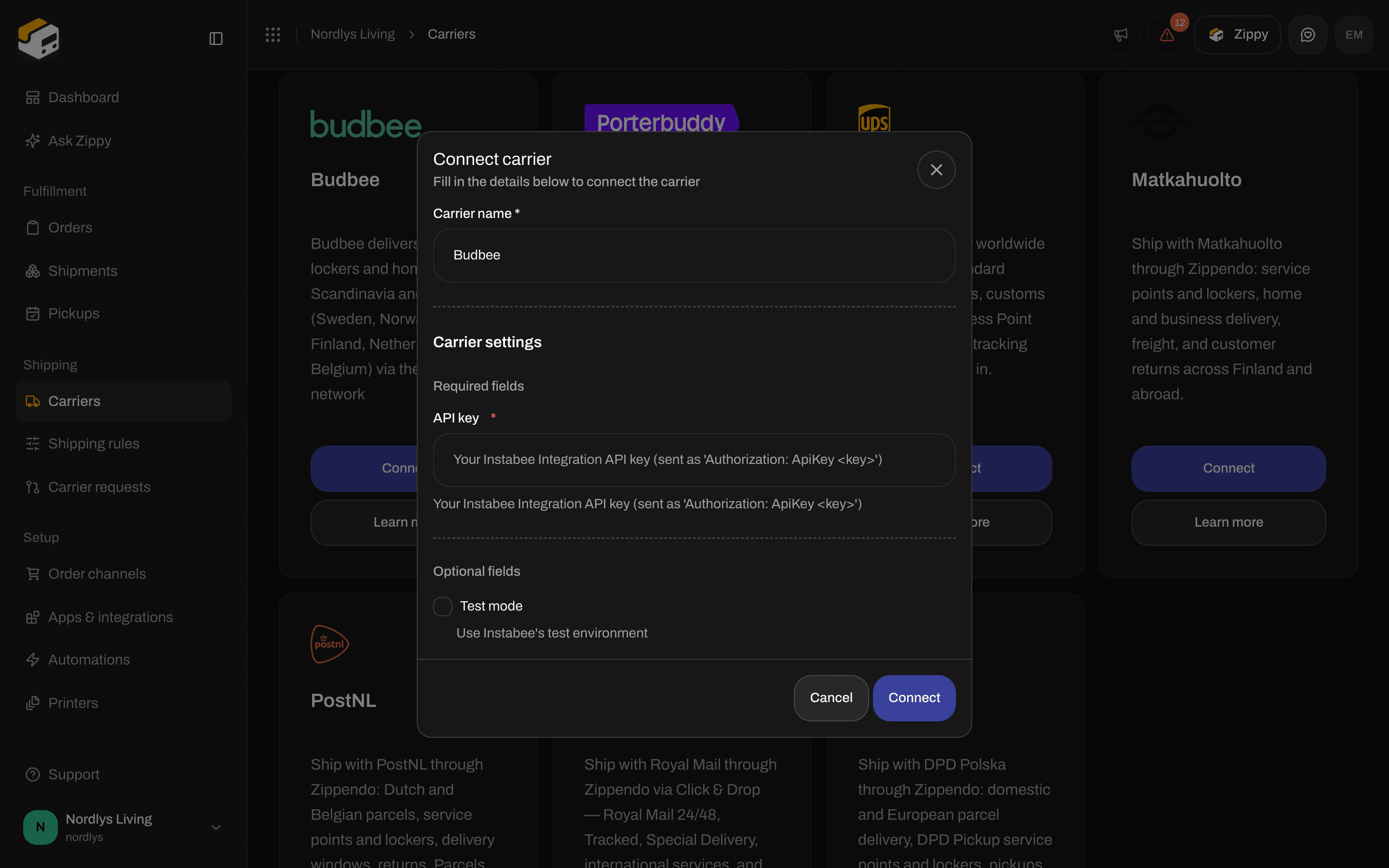 Connect carrier window for Budbee with the required API key and the optional Test mode