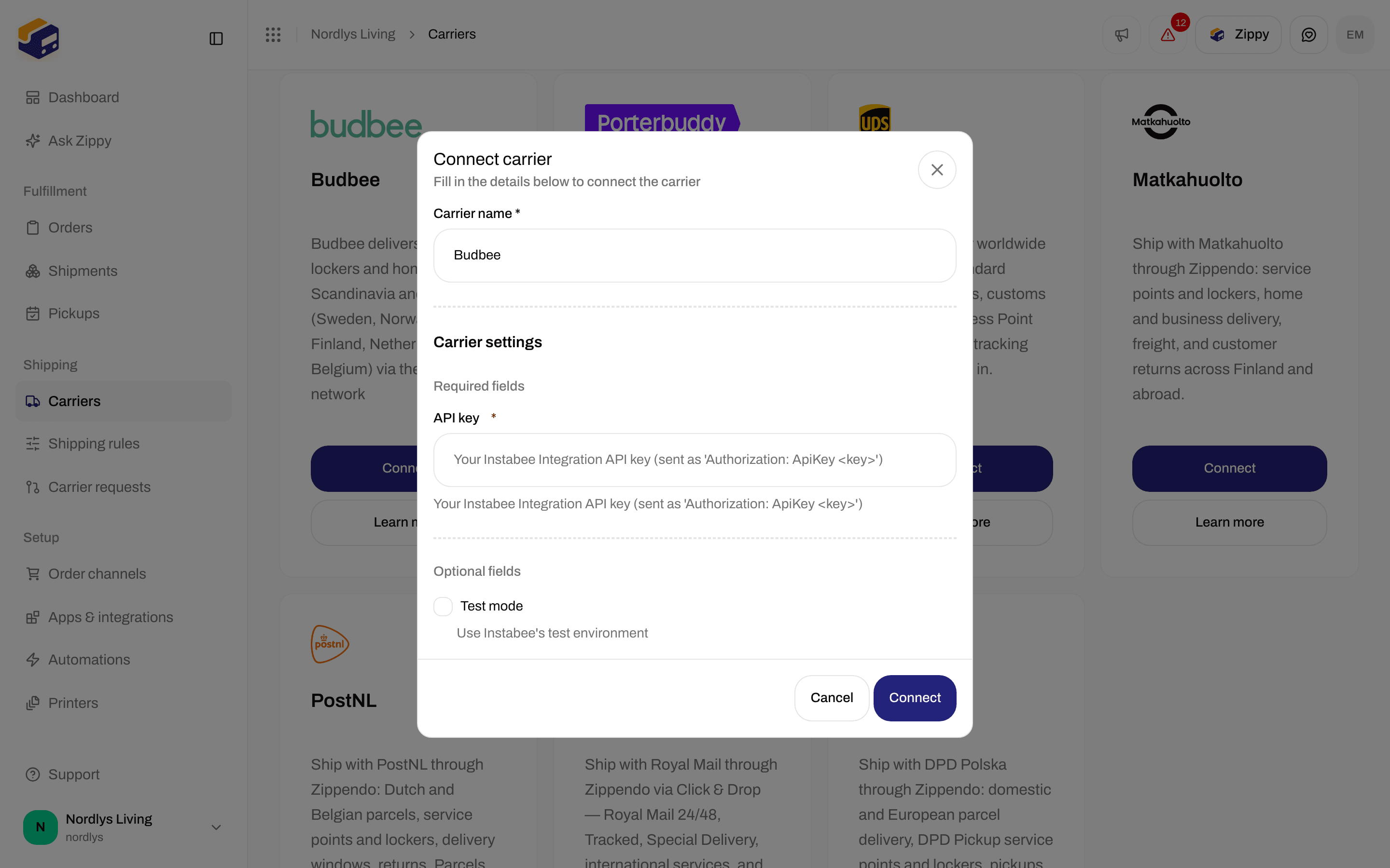 Connect carrier window for Budbee with the required API key and the optional Test mode