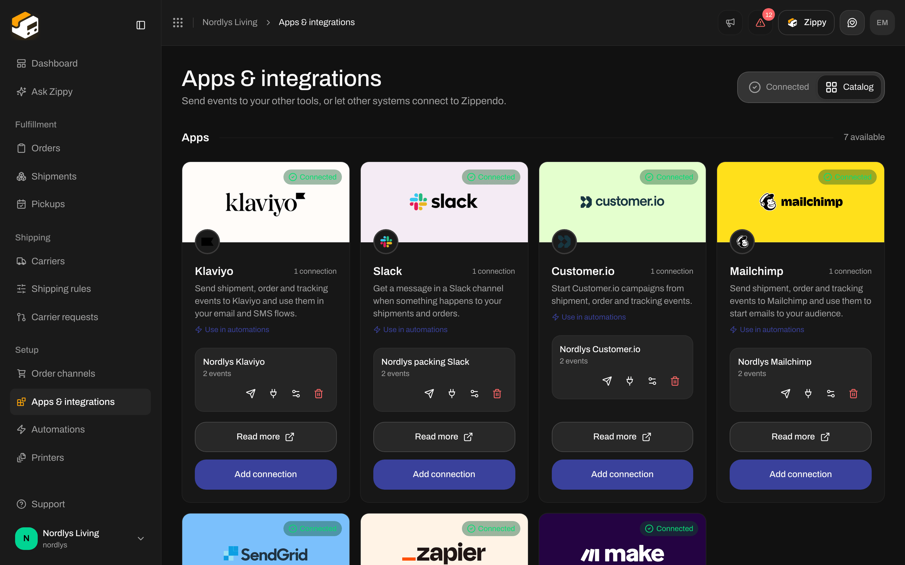 Catalog with the Customer.io card and its Use in automations, Read more and Connect buttons