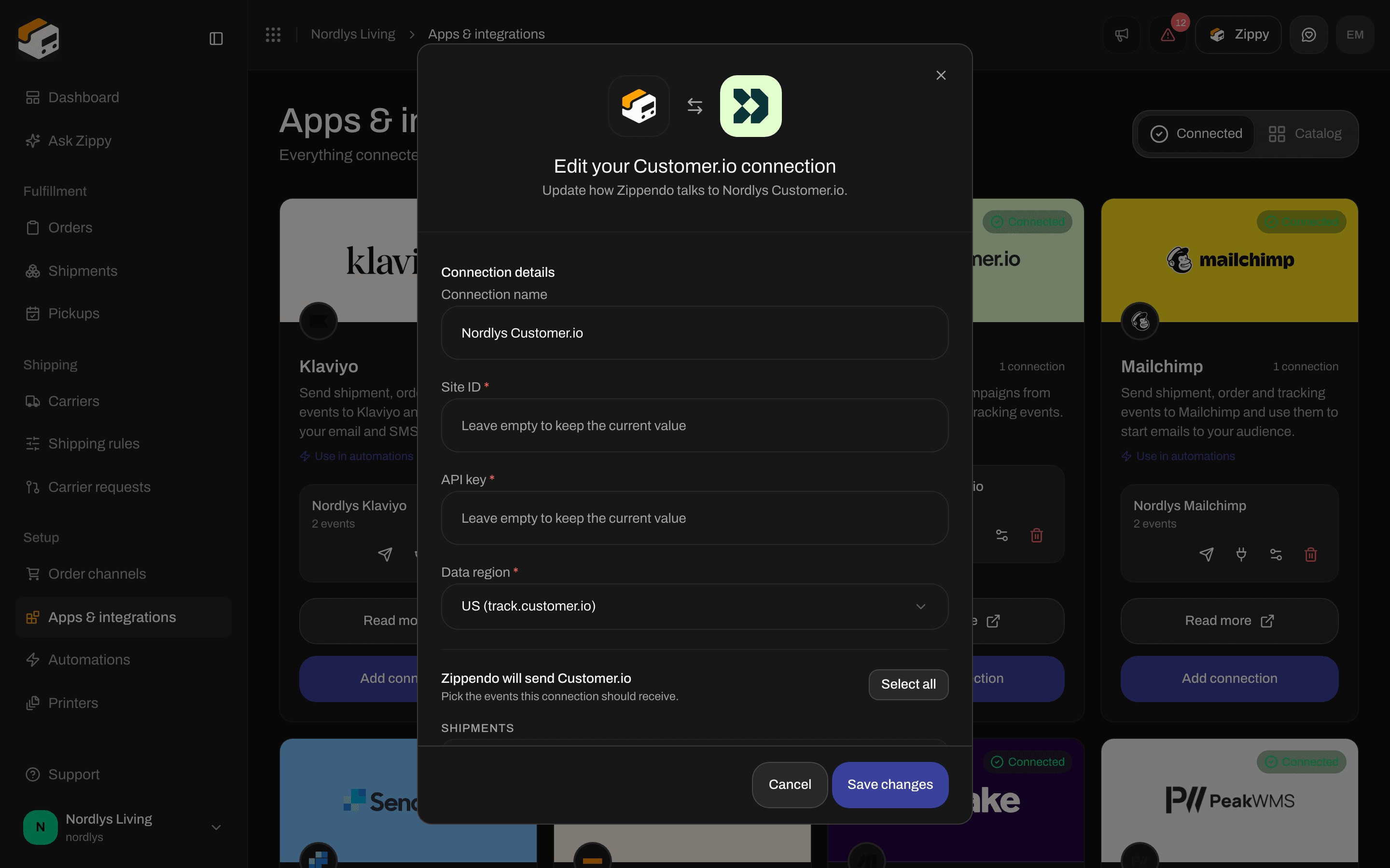 Edit window for a Customer.io connection with the connection name, empty credential fields, Data region and the events