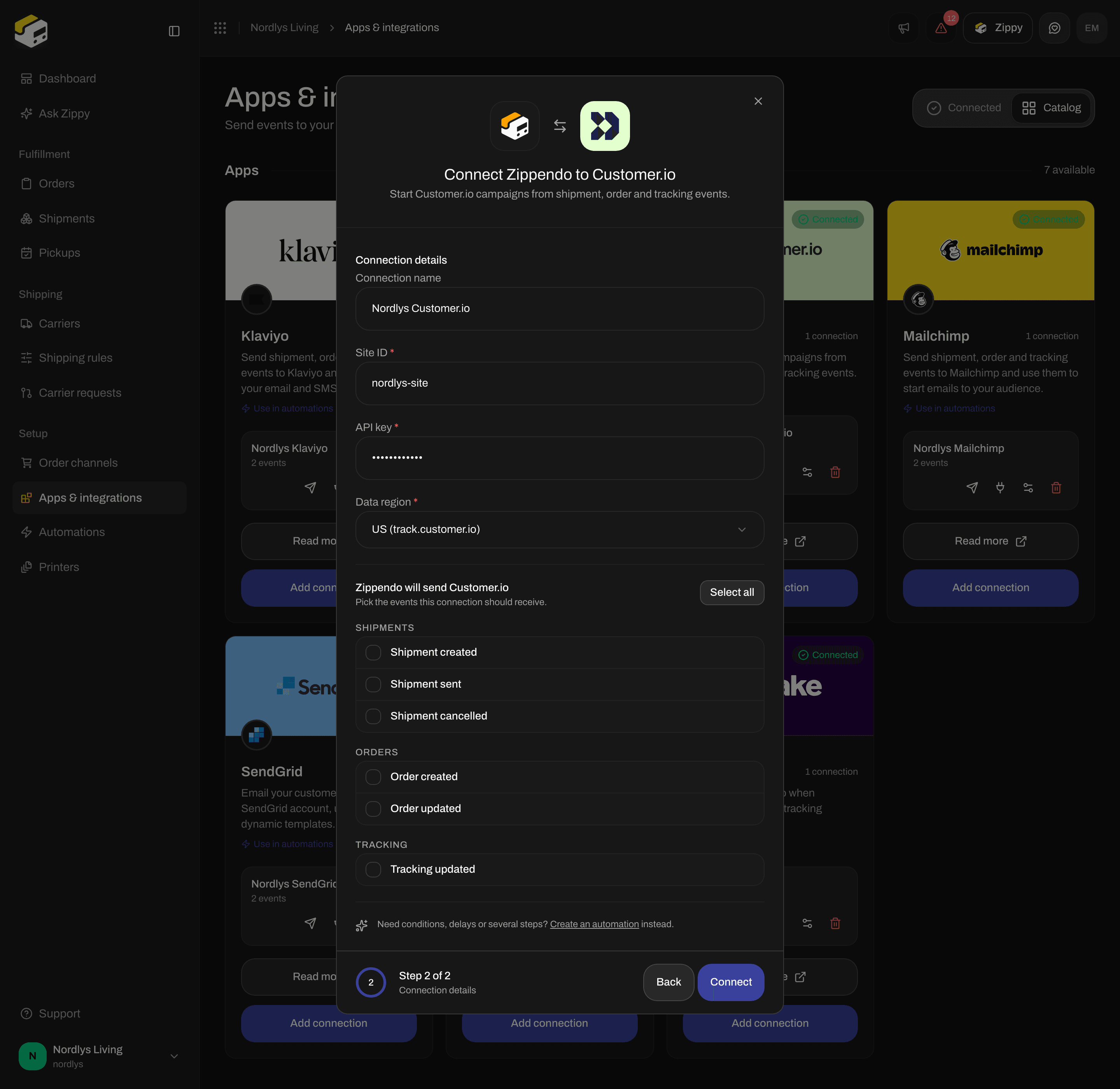 Customer.io connection window scrolled to the order and tracking event checkboxes