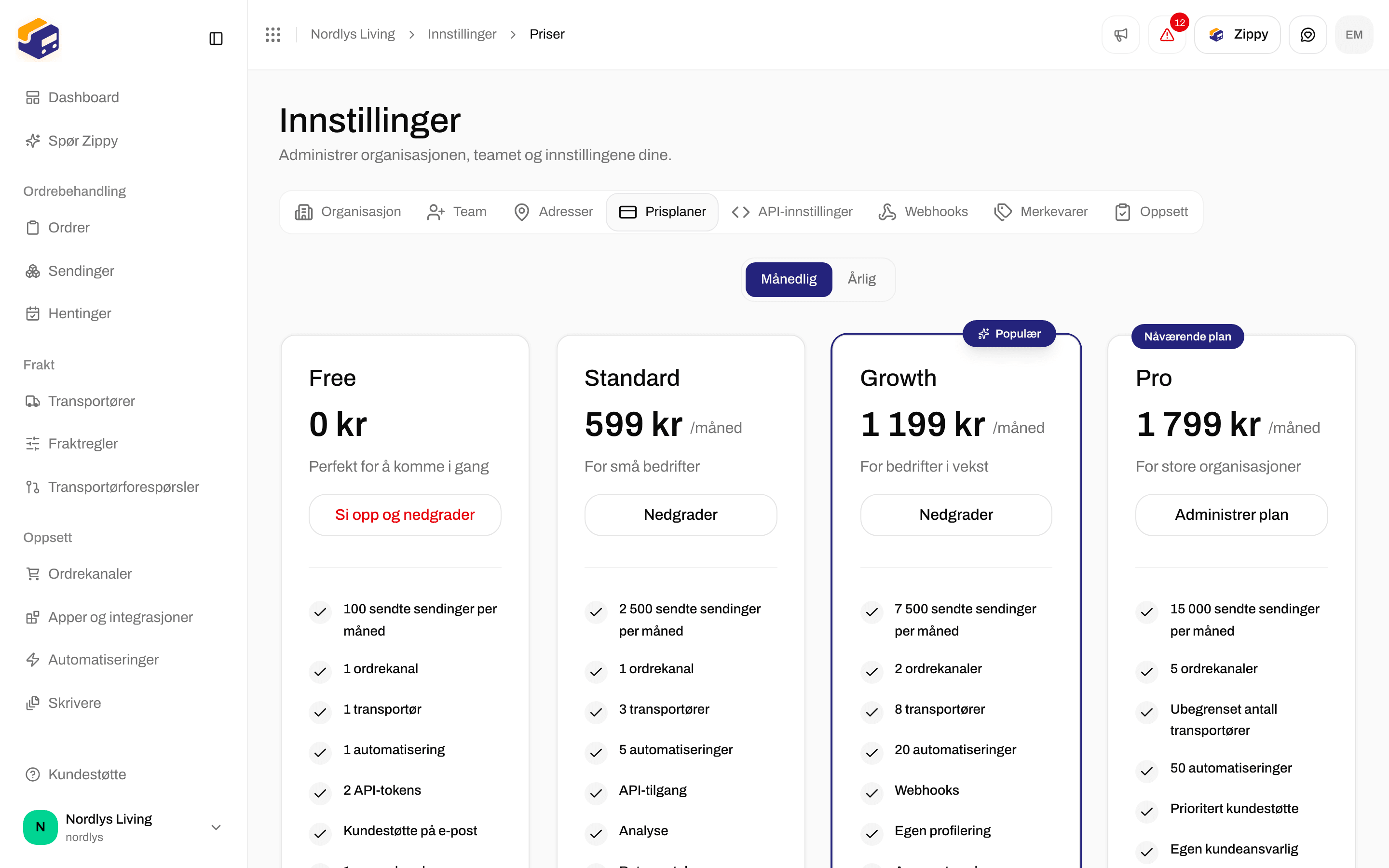 Prisplaner med Månedlig valgt og Pro merket Nåværende plan