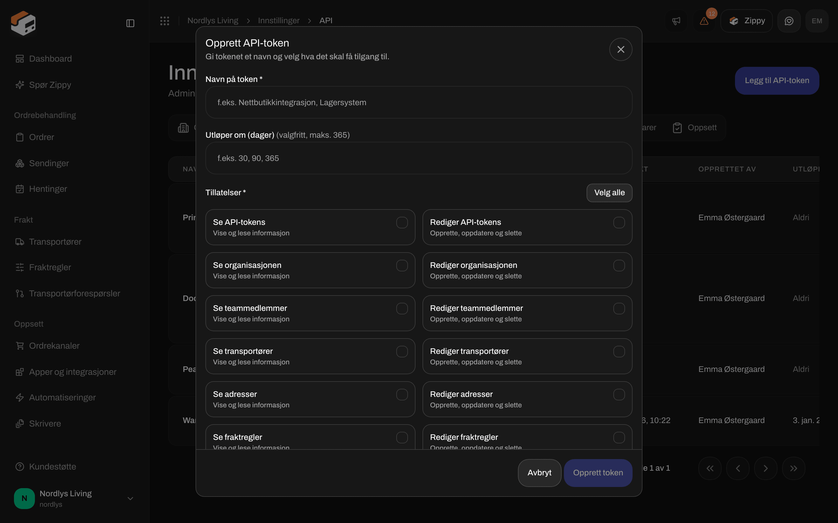 Vinduet Opprett API-token med Navn på token, Utløper om (dager) og avmerkingsbokser for tillatelser