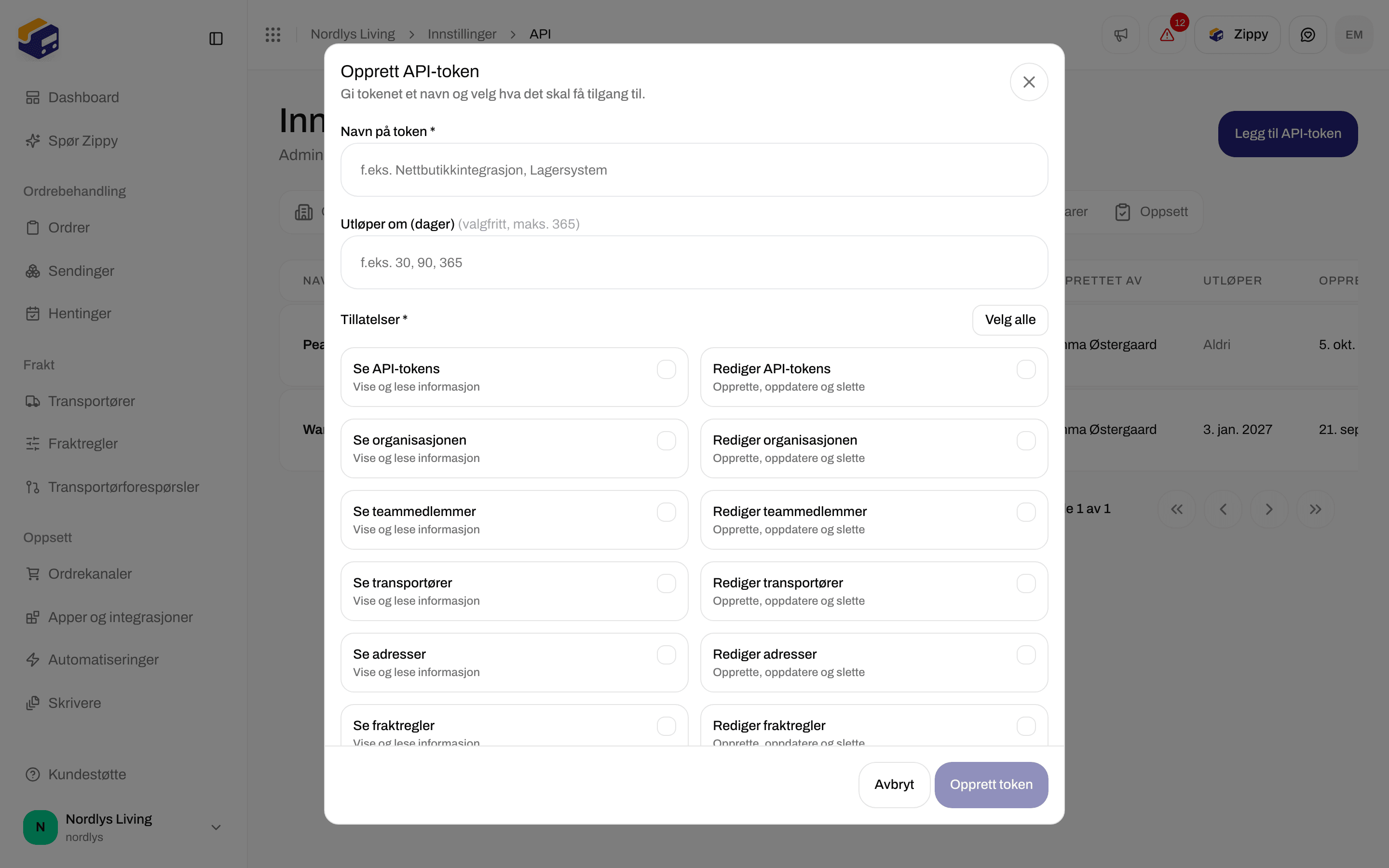 Vinduet Opprett API-token med Navn på token, Utløper om (dager) og avmerkingsbokser for tillatelser