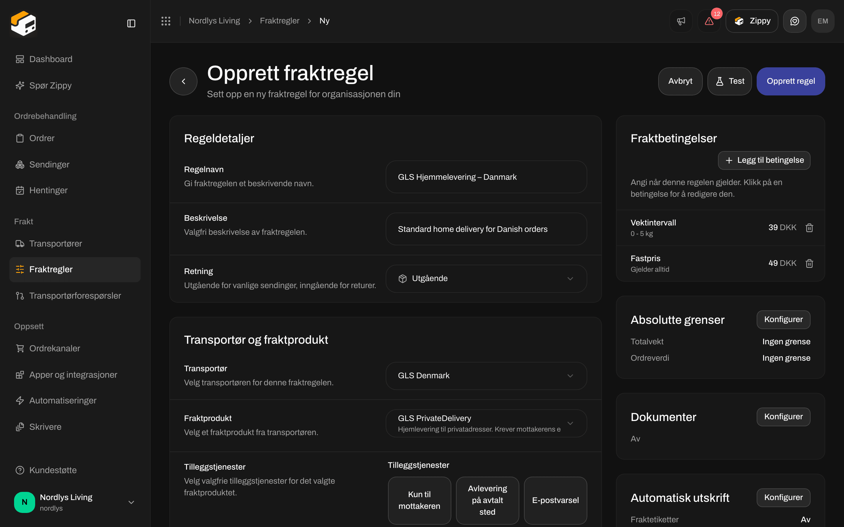 Fraktbetingelser med en vektbetingelse på 39 DKK og en fastprisbetingelse på 49 DKK
