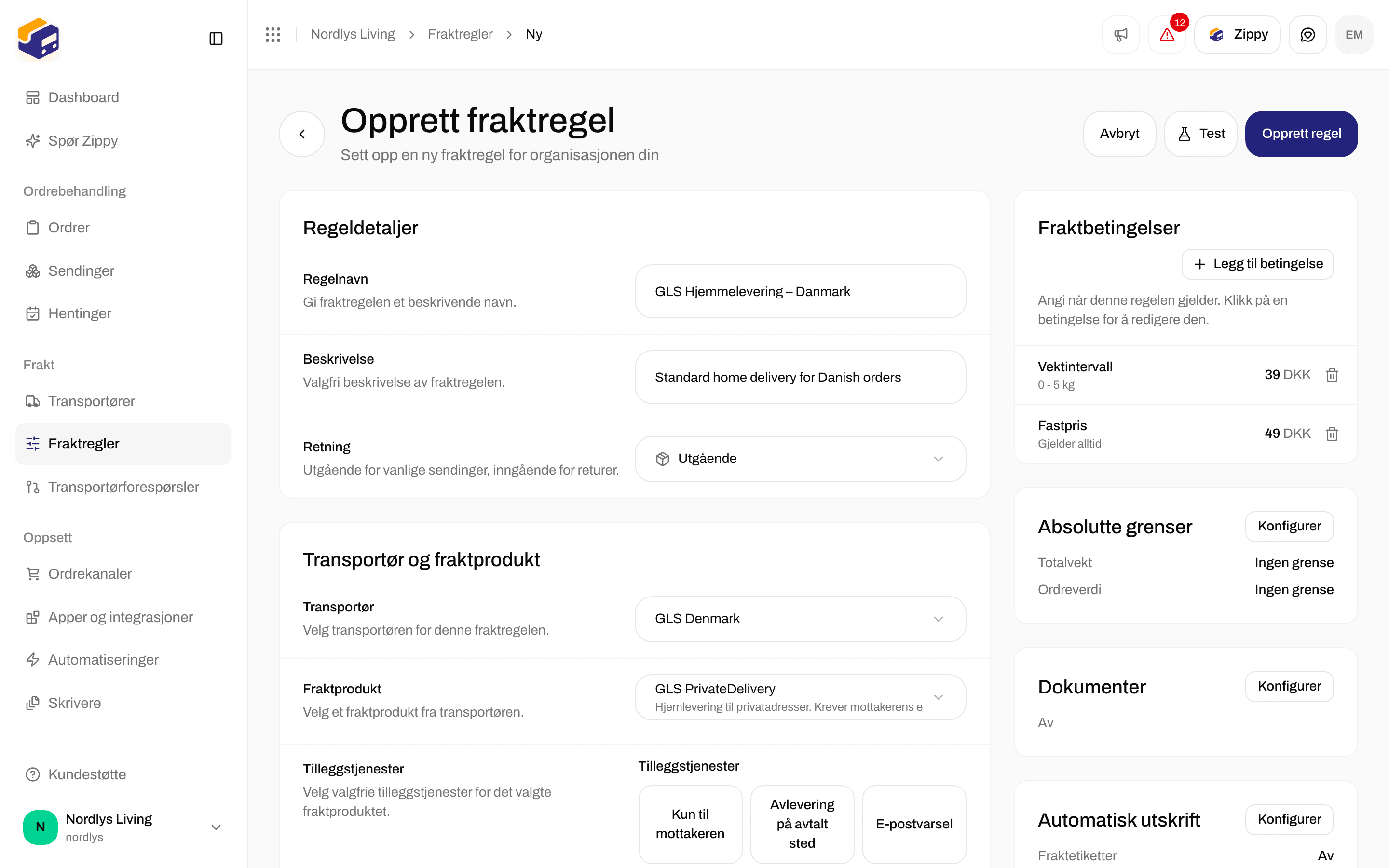 Fraktbetingelser med en vektbetingelse på 39 DKK og en fastprisbetingelse på 49 DKK