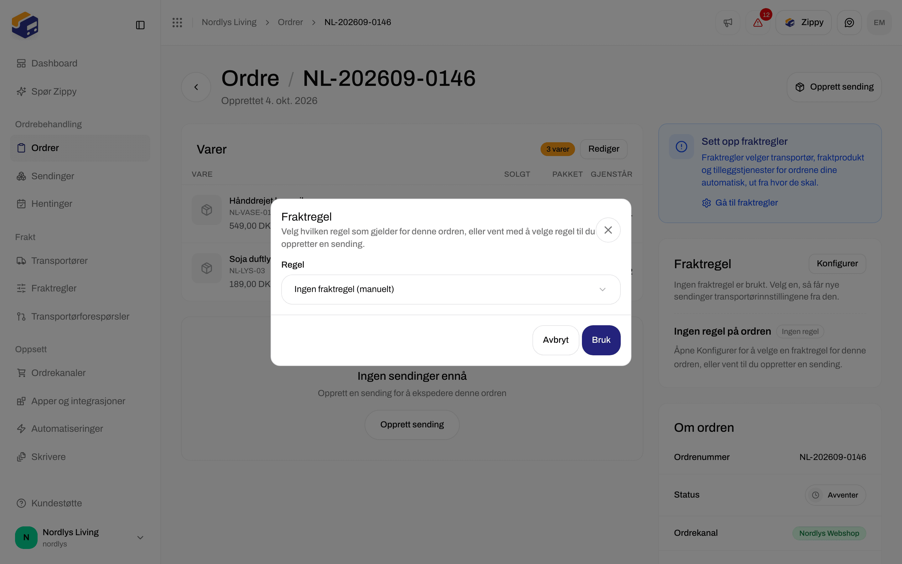 Vinduet Fraktregel på en ordre med regellisten satt til Ingen fraktregel (manuelt)