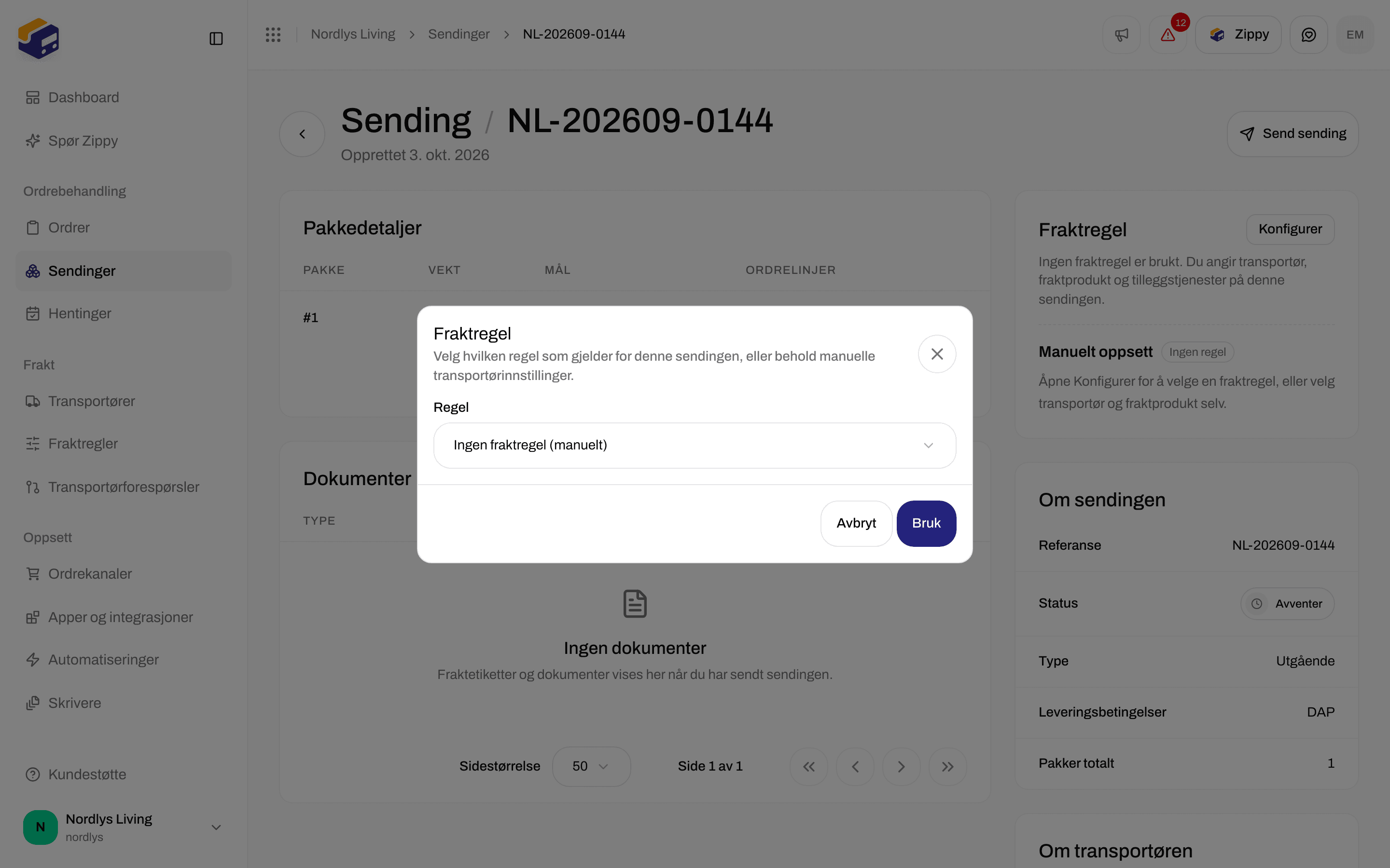 Vinduet Fraktregel på en sending med Bruk og en regelliste