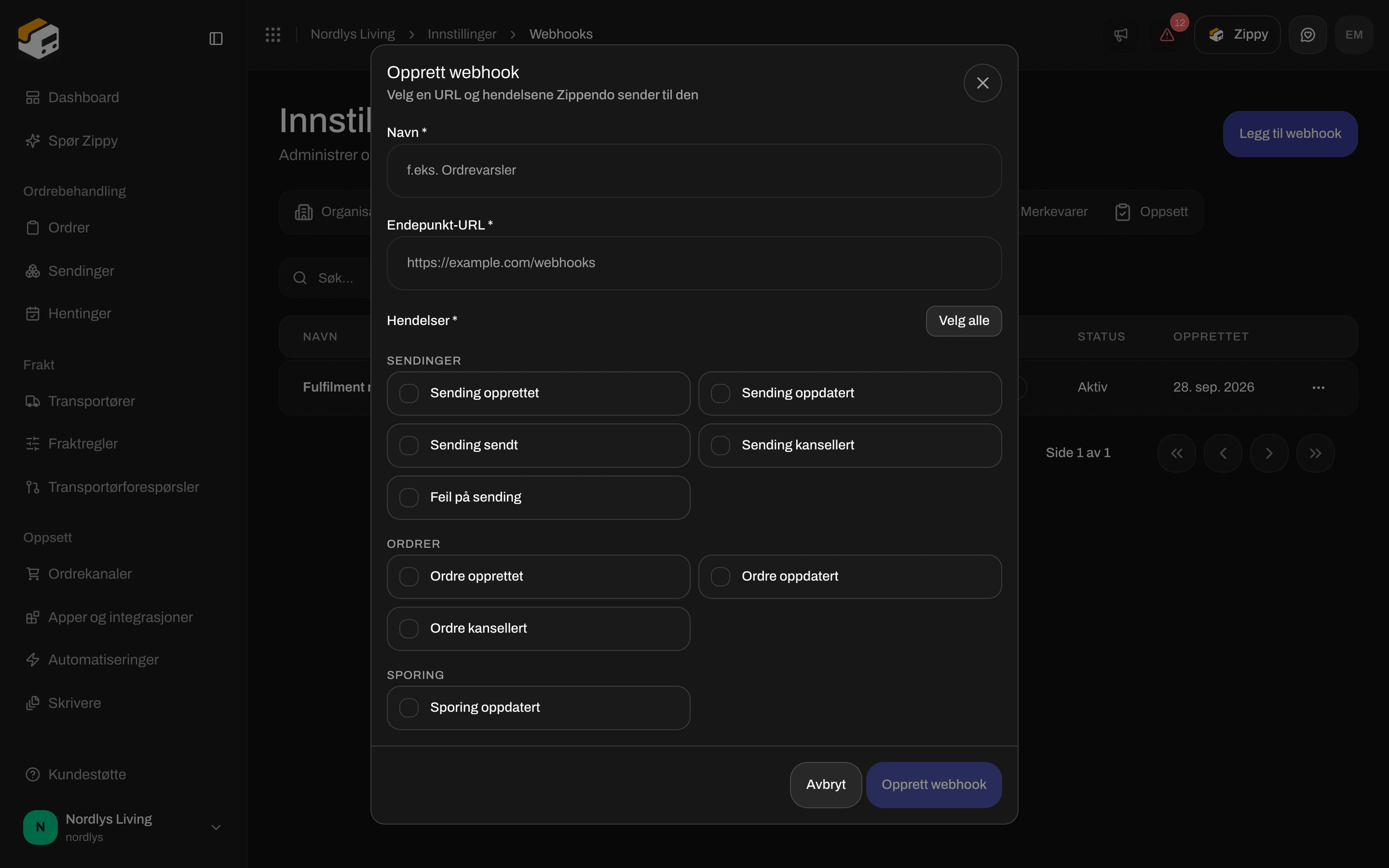 Vinduet for å opprette en webhook med gruppen Sporing og hendelsen Sporing oppdatert