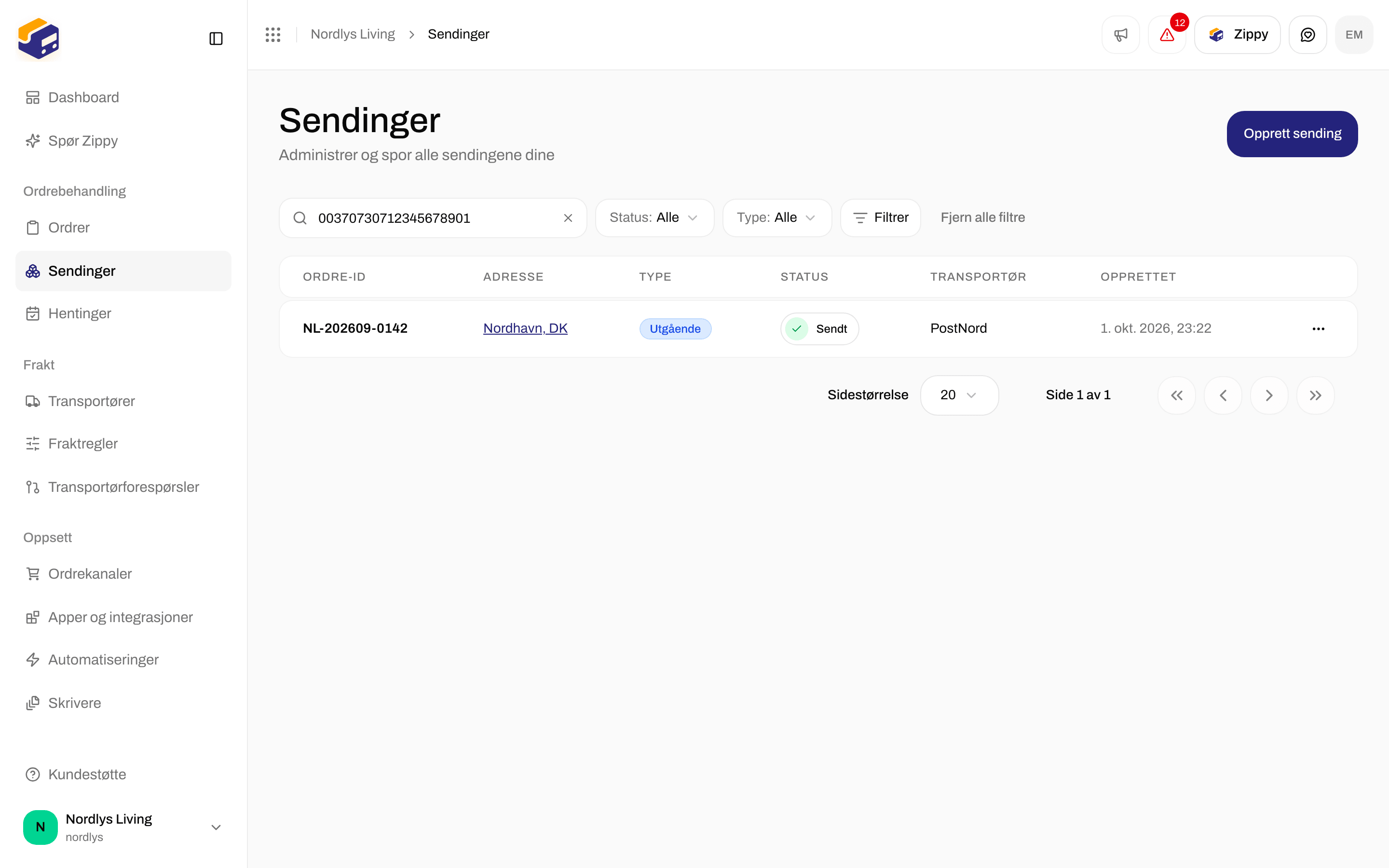 Listen Sendinger med sendingen som samsvarer med et sporingsnummer
