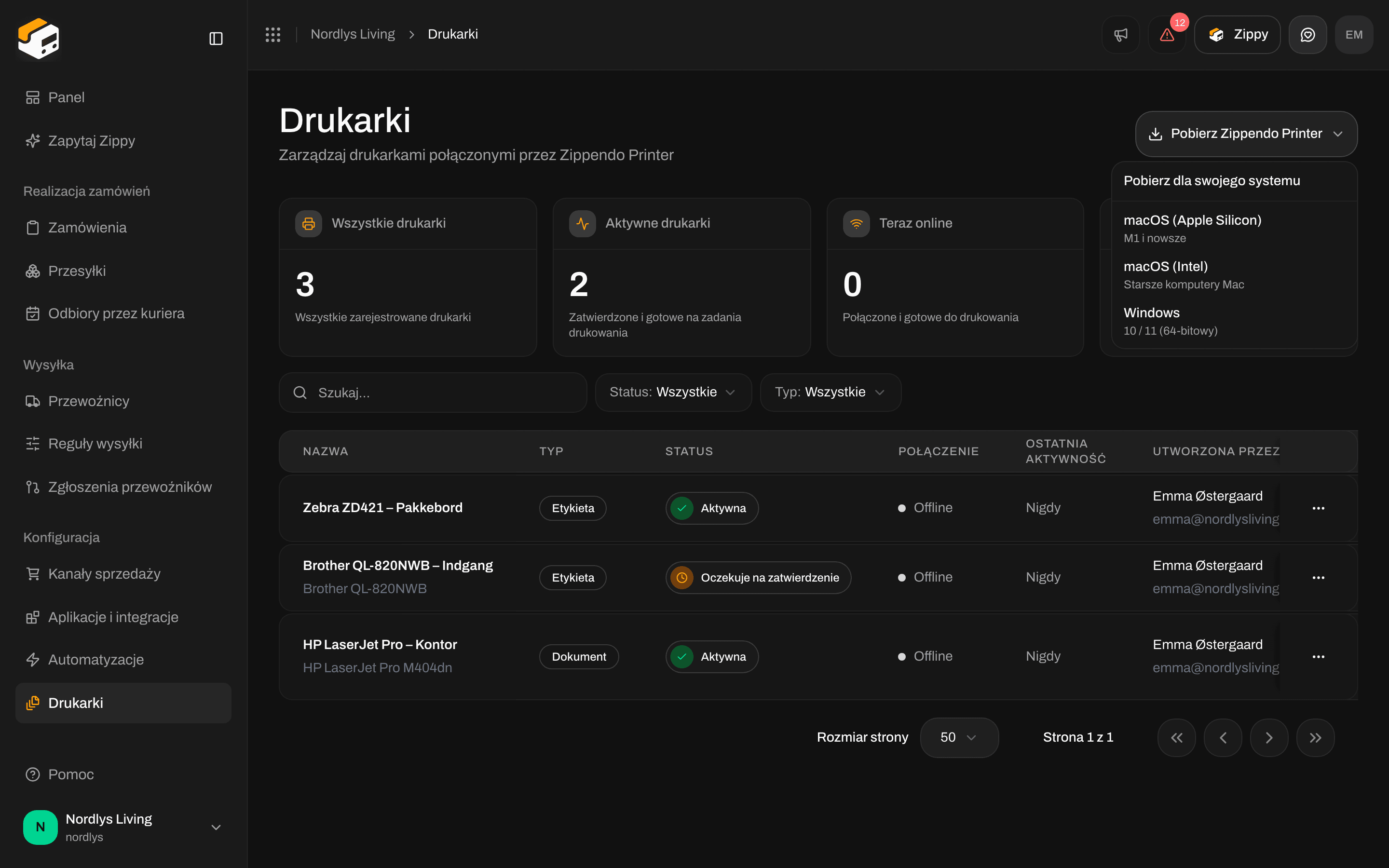 Menu pobierania na stronie Drukarki z instalatorami macOS Apple Silicon, macOS Intel i Windows