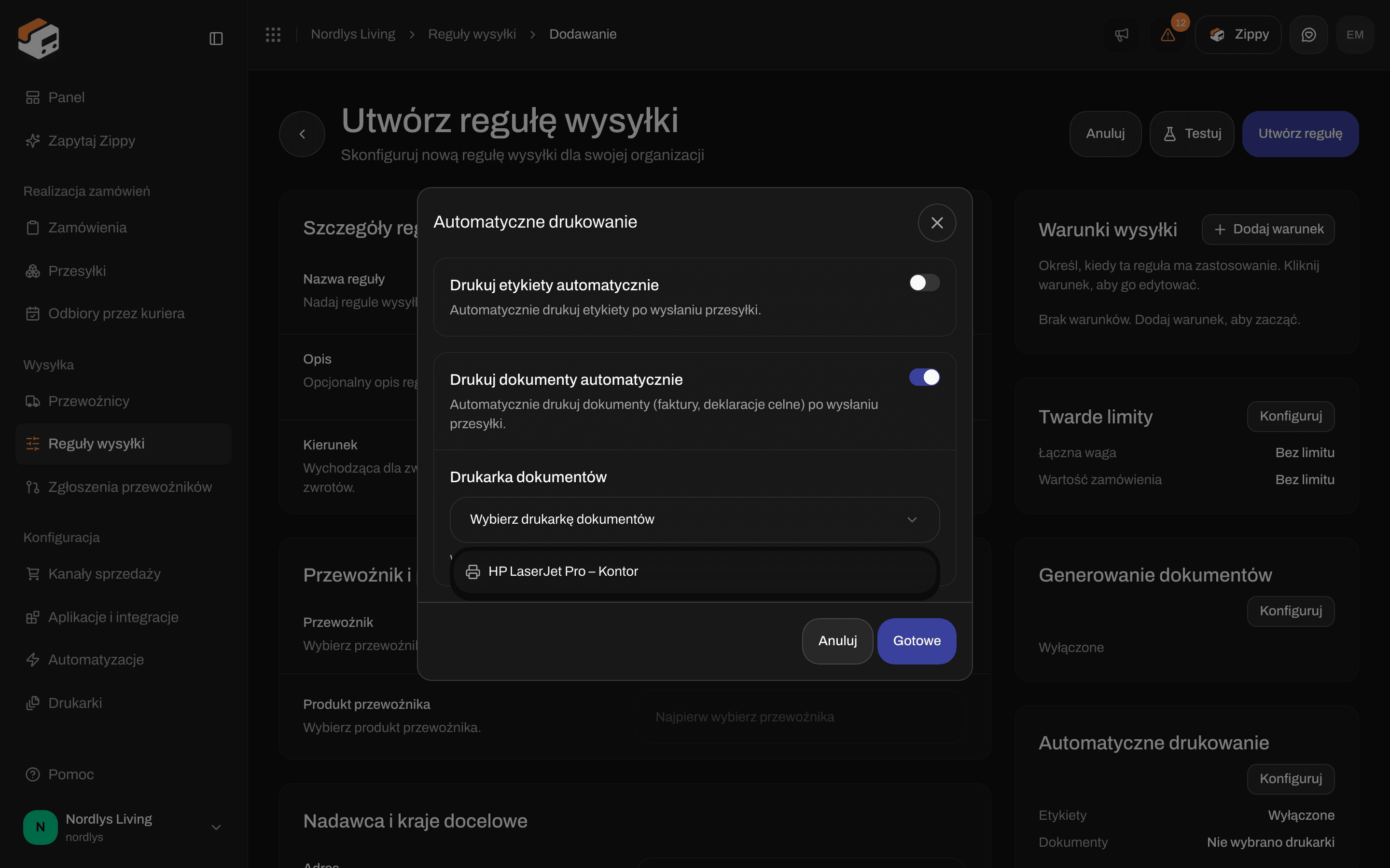 Okno Automatyczne drukowanie z włączonym Drukuj dokumenty automatycznie i listą Drukarka dokumentów