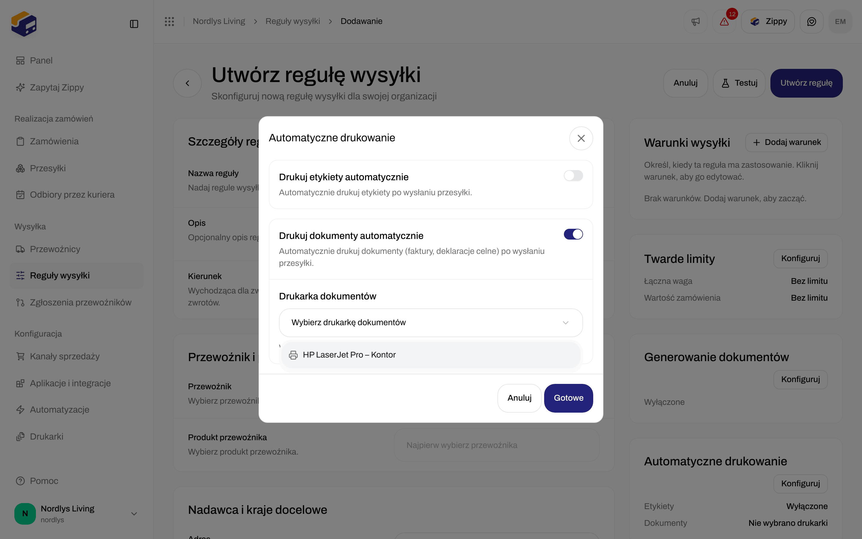 Okno Automatyczne drukowanie z włączonym Drukuj dokumenty automatycznie i listą Drukarka dokumentów