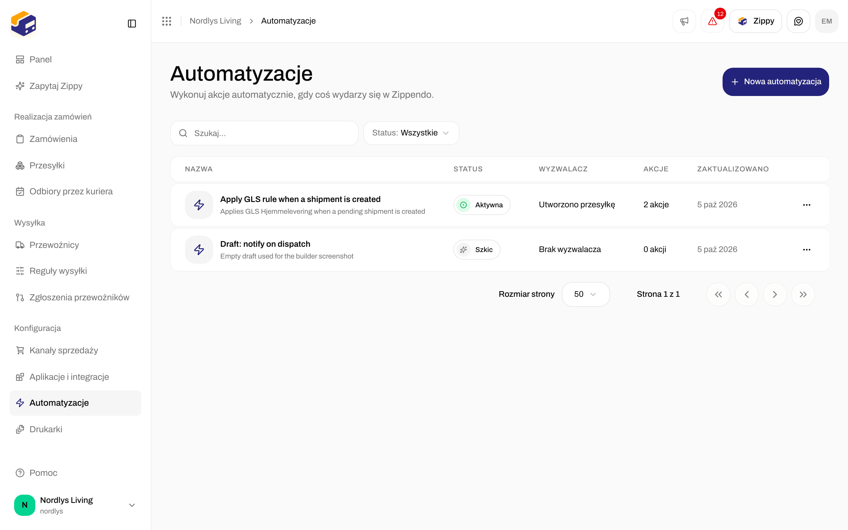 Strona Automatyzacje z tabelą Wszystkie automatyzacje i przyciskiem Nowa automatyzacja