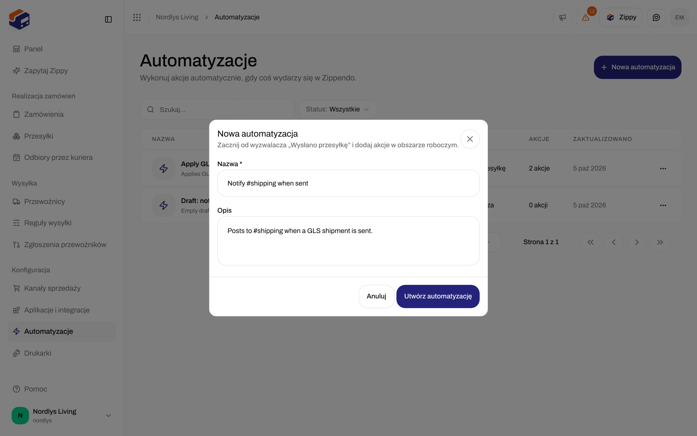Okno Nowa automatyzacja z polami Nazwa, Opis oraz przyciskami Anuluj i Utwórz automatyzację